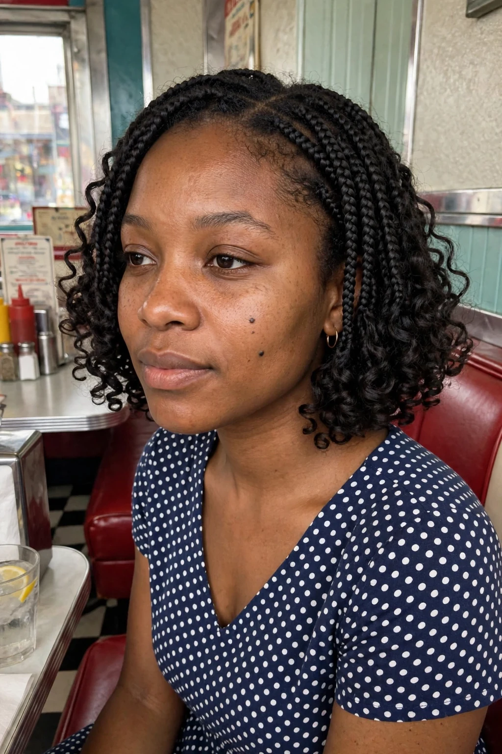 Young Black woman with knotless box braids styled into a bouncy curly bob, photographed in a retro diner wearing a polka dot dress.