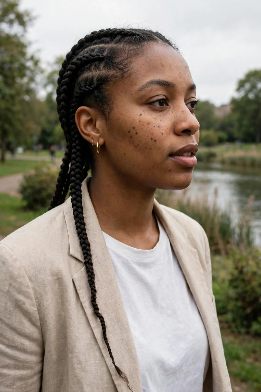 Young Black woman with knotless box braids featuring a fishtail braid accent down one side, photographed in a riverside park wearing a linen blazer.