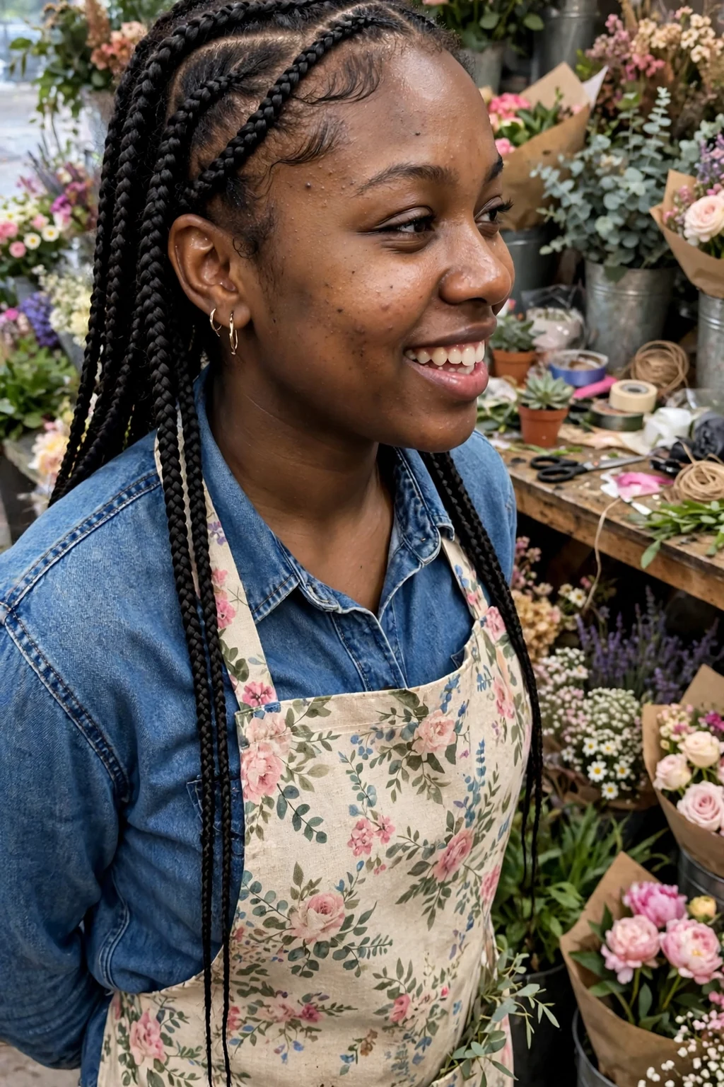 Young Black woman with knotless box braids featuring a French braid accent along the hairline, photographed in a flower shop wearing a floral apron.