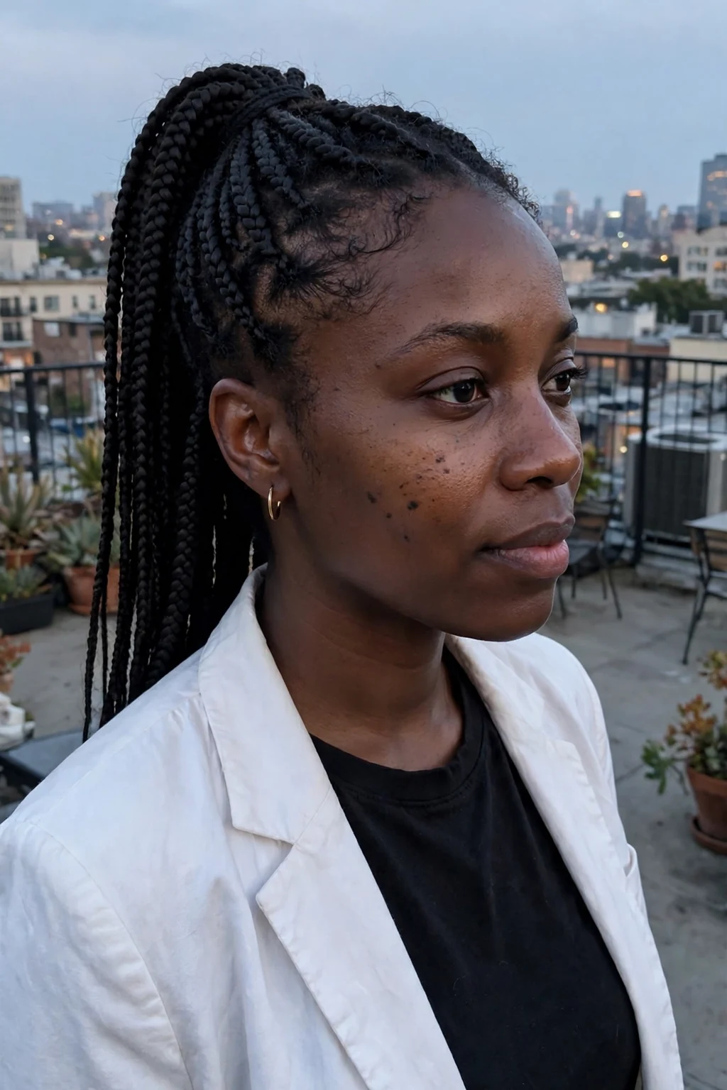Young Black woman with knotless box braids gathered into a high ponytail, photographed on a city rooftop wearing a white blazer over a black top.