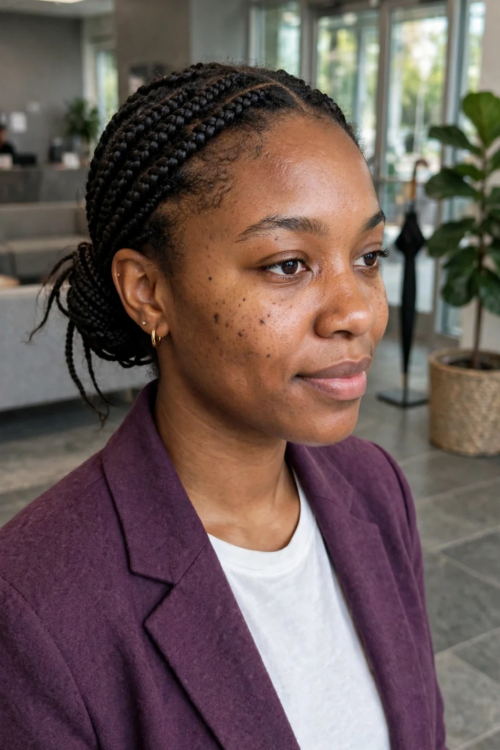 Young Black woman with knotless box braids gathered into a low bun at the nape, photographed in an office lobby wearing a plum blazer.
