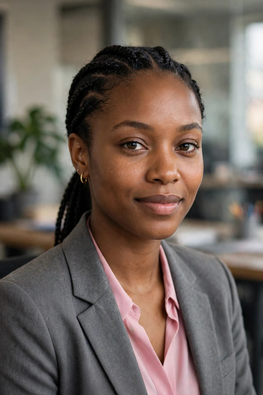 Young woman with knotless braids in a low sleek ponytail, in an office wearing a gray blazer over a pink blouse.