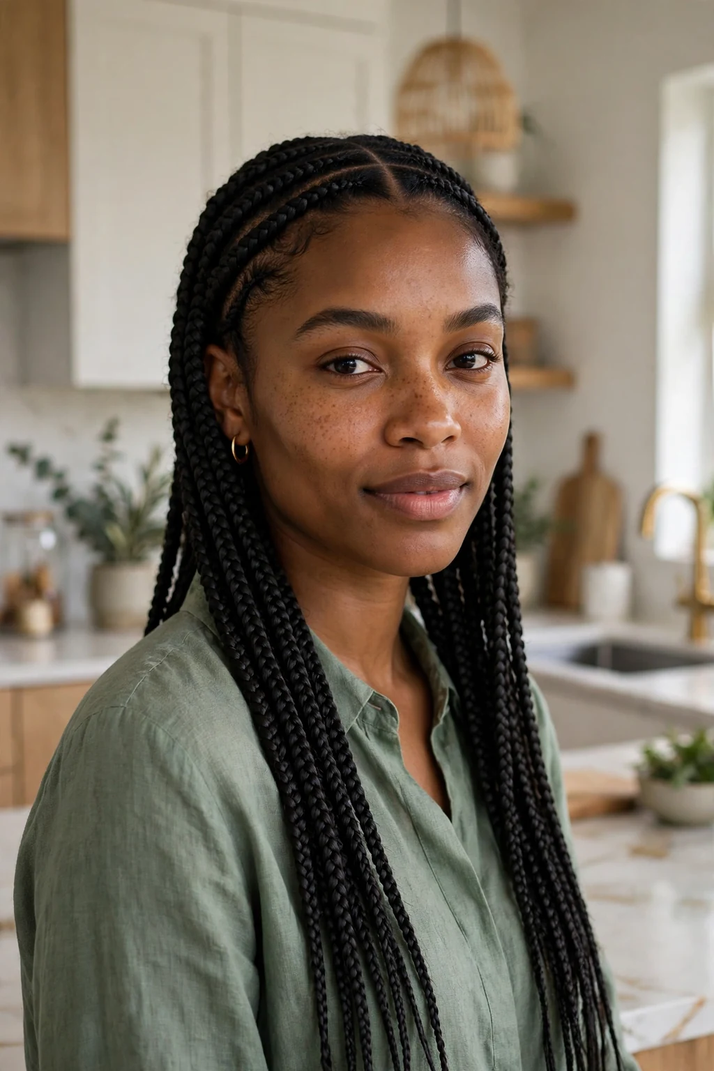 Young woman with knotless braids and a clean middle part, standing in a modern kitchen wearing a sage green blouse.