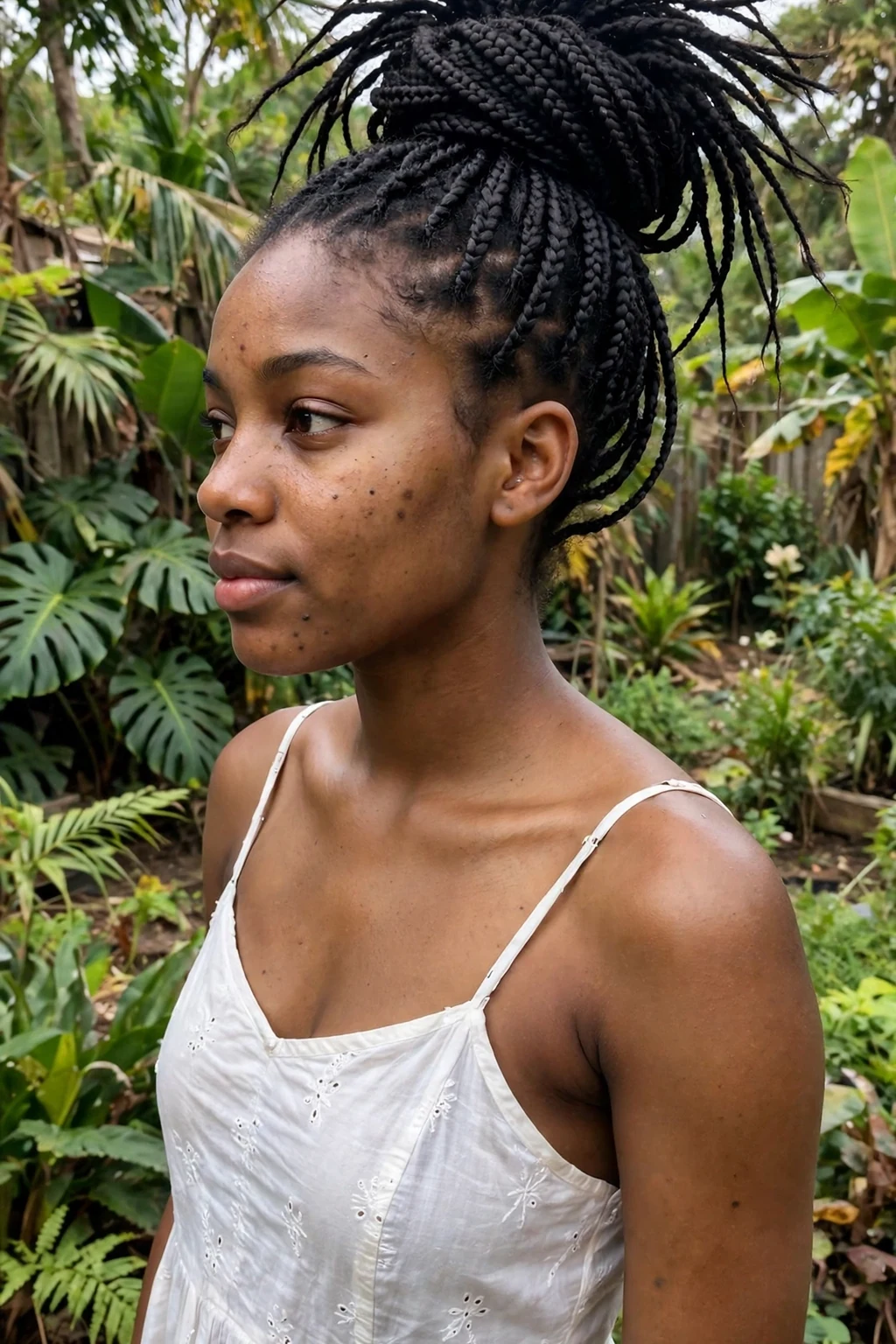 Young Black woman with knotless box braids gathered into a high pineapple updo, photographed in a tropical garden wearing a white sundress.