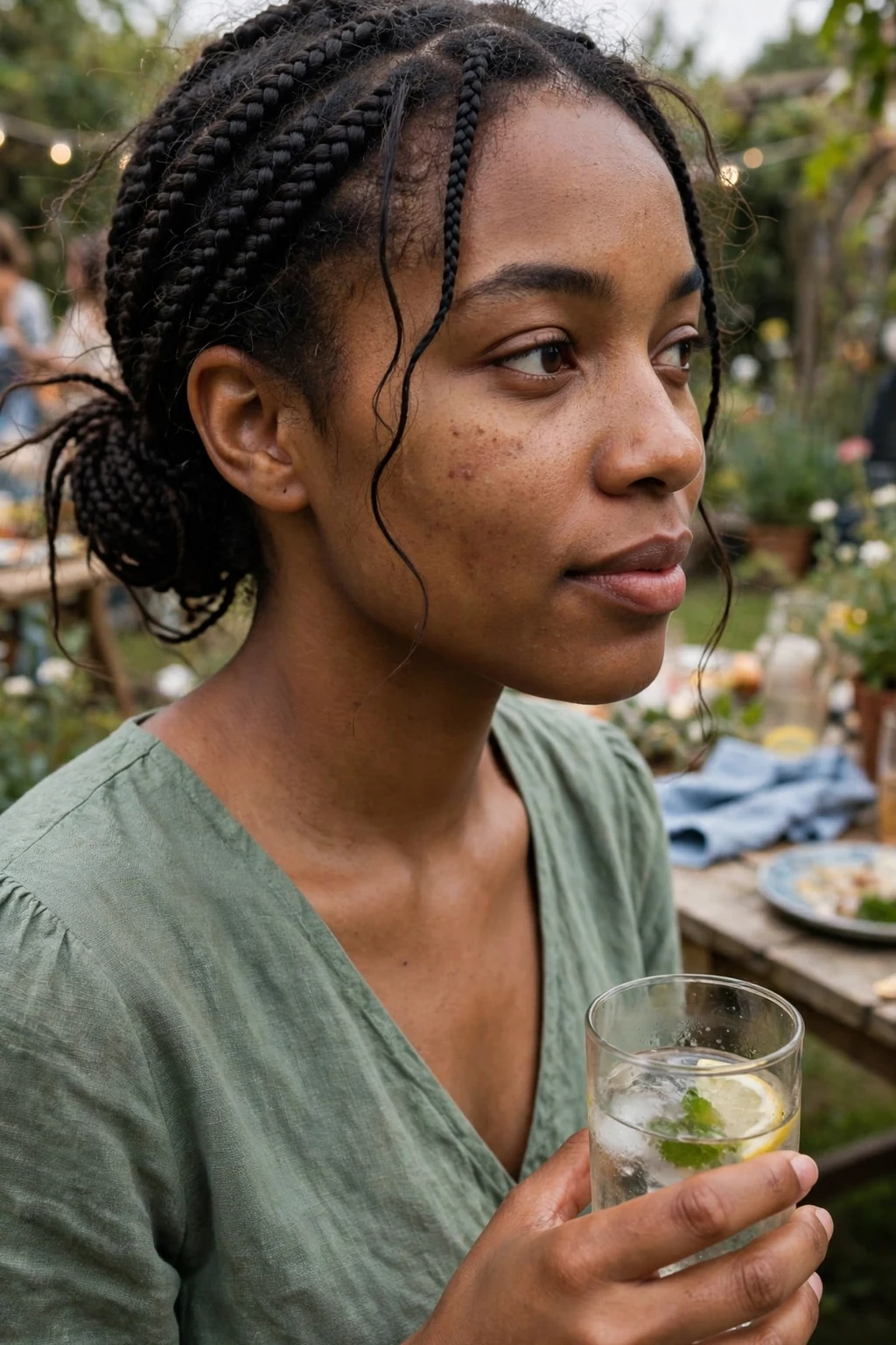 Young Black woman with knotless box braids swept into a low side bun, photographed at a garden party wearing a sage green dress.