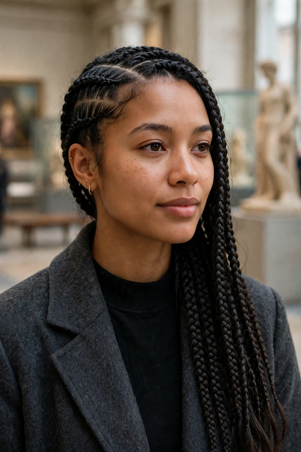 Young woman with knotless braids and a deep side part, at a museum wearing a charcoal coat.