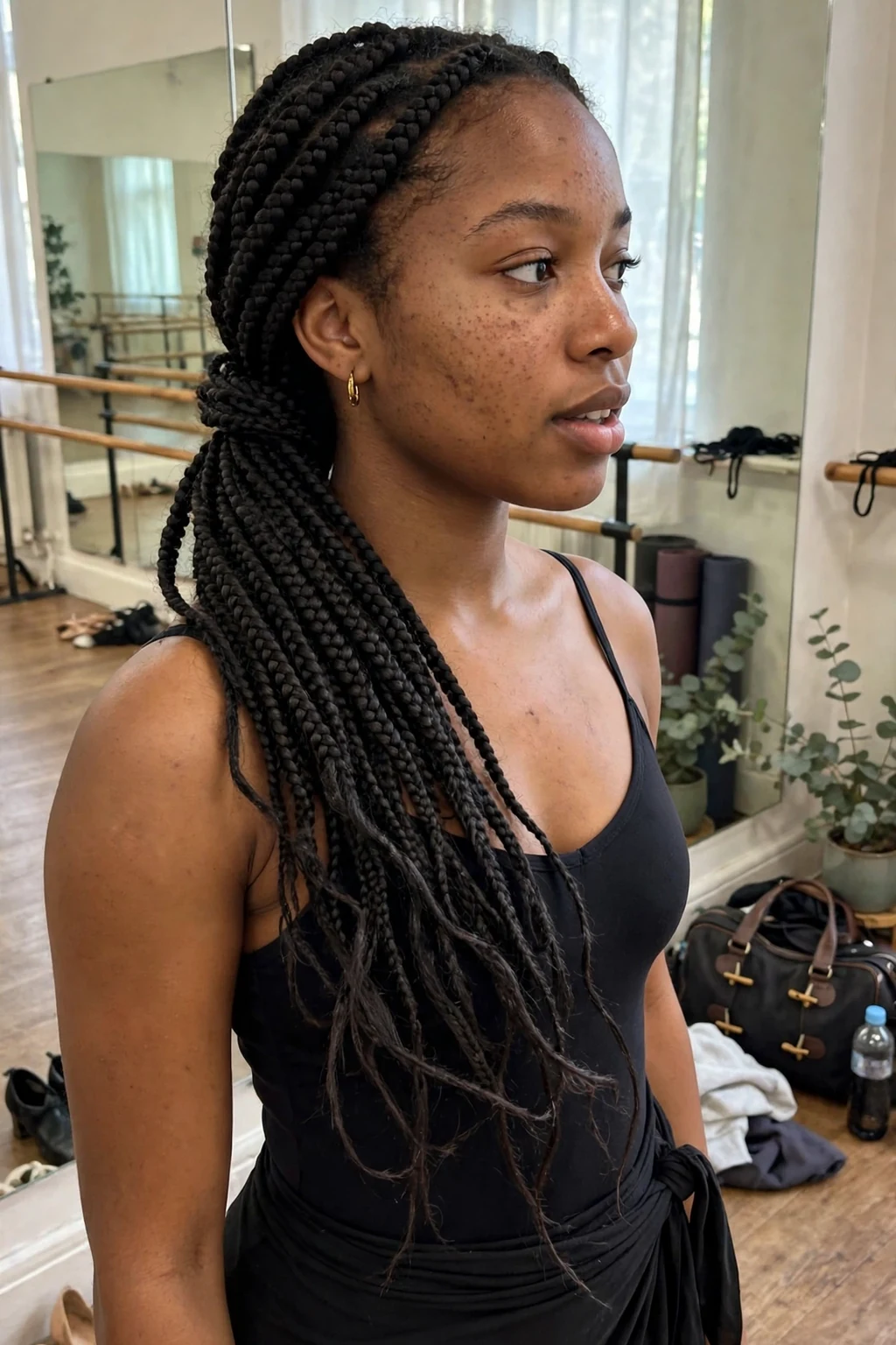 Young Black woman with knotless box braids swept into a side ponytail over one shoulder, photographed in a dance studio wearing a black leotard and wrap skirt.