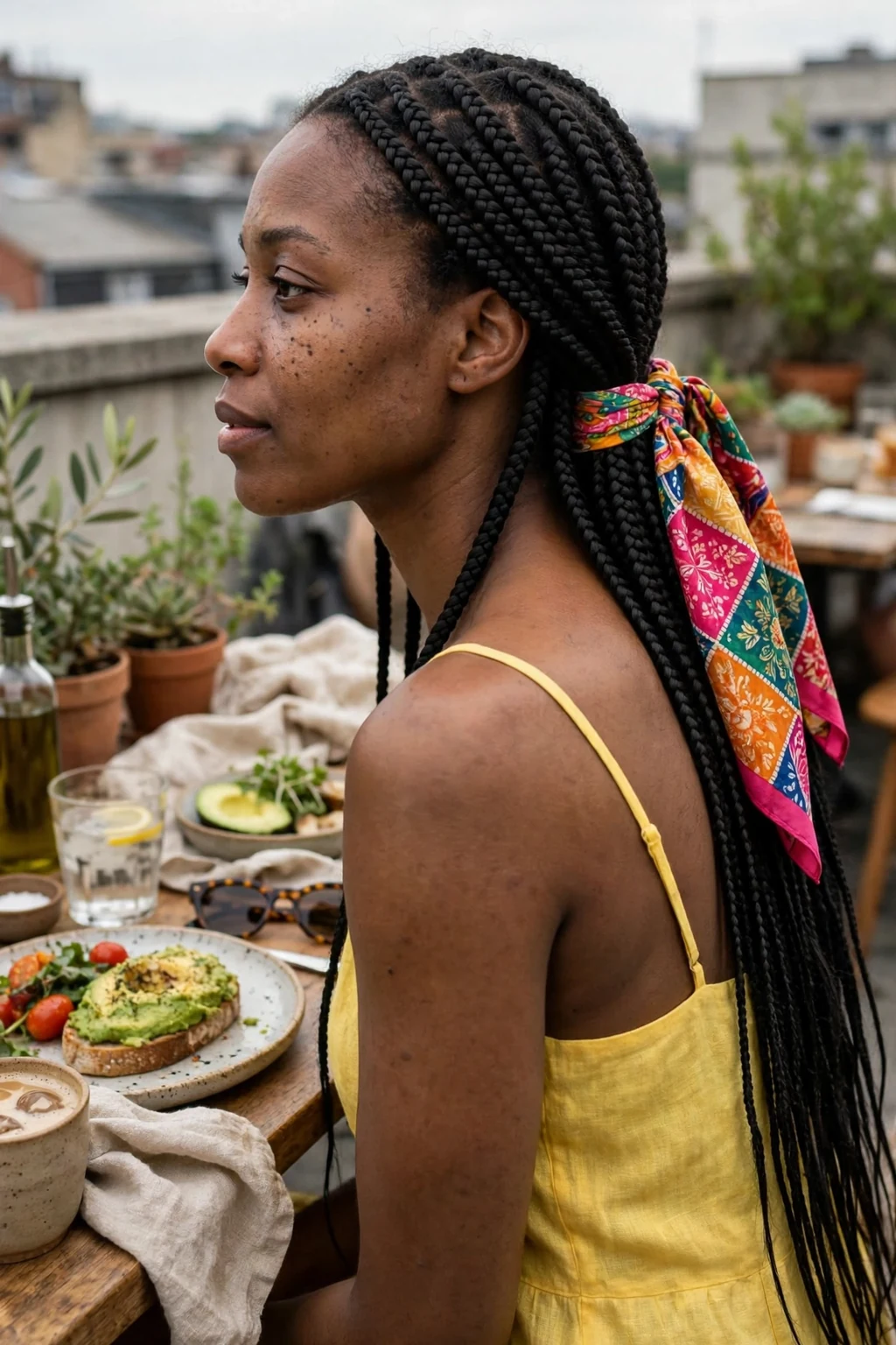 Young Black woman with knotless box braids wrapped in a patterned silk scarf, photographed at a rooftop brunch wearing a yellow sundress.