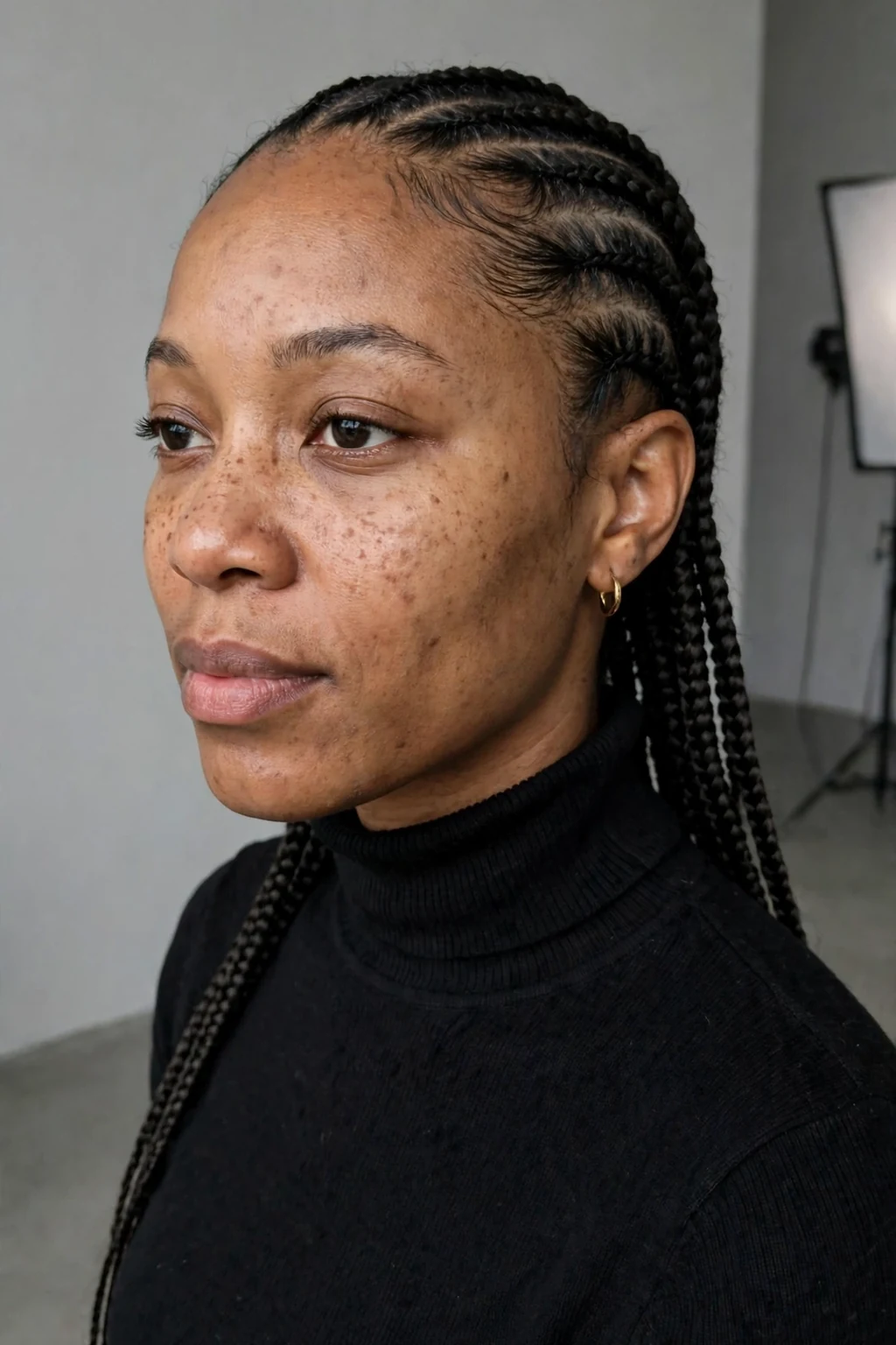 Young Black woman with knotless box braids slicked back smoothly from the forehead, photographed in a minimalist studio wearing a black turtleneck.