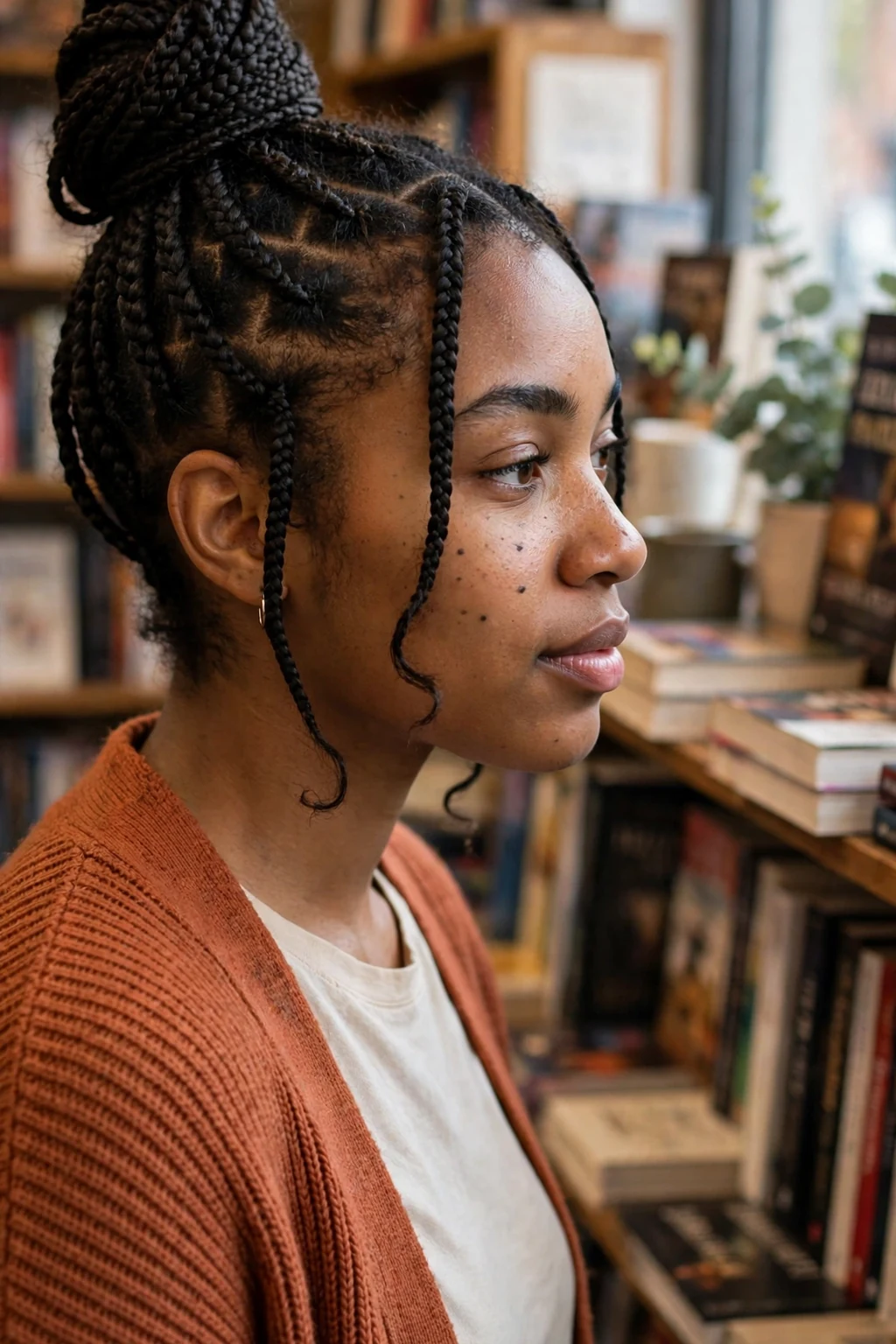 Young Black woman with knotless box braids twisted into a top knot, photographed in a bright bookstore wearing a terracotta cardigan.