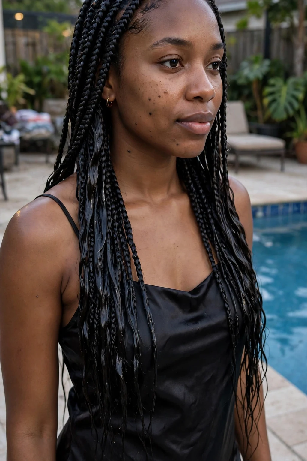 Young Black woman with knotless box braids styled with a glossy wet-look finish, photographed by a swimming pool wearing a satin slip dress.