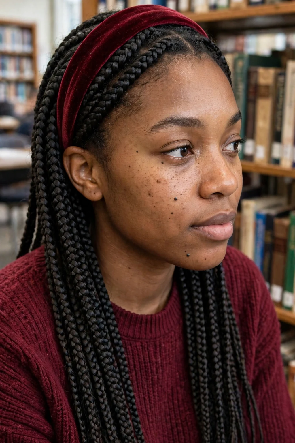 Young Black woman with knotless box braids worn with a wide velvet headband, photographed in a library wearing a burgundy sweater.