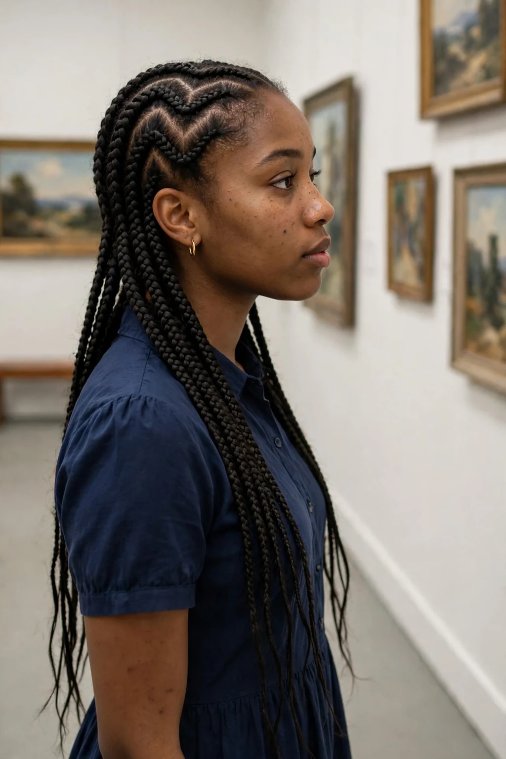 Young Black woman with knotless box braids parted in a zigzag pattern, photographed at an art gallery wearing a navy midi dress.