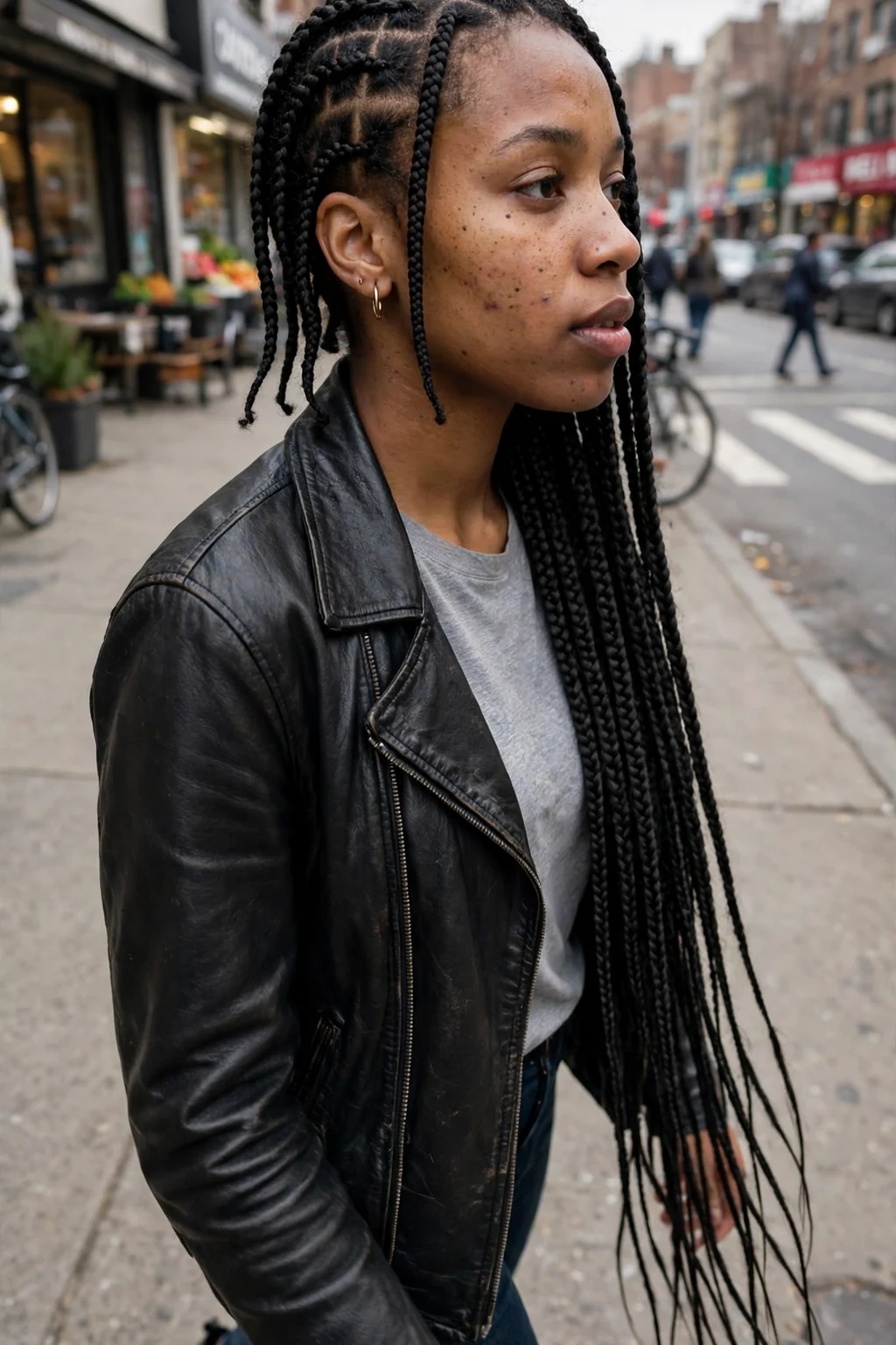 Young Black woman with asymmetrical knotless box braids, longer on one side, photographed on a city street wearing a leather jacket and boots.