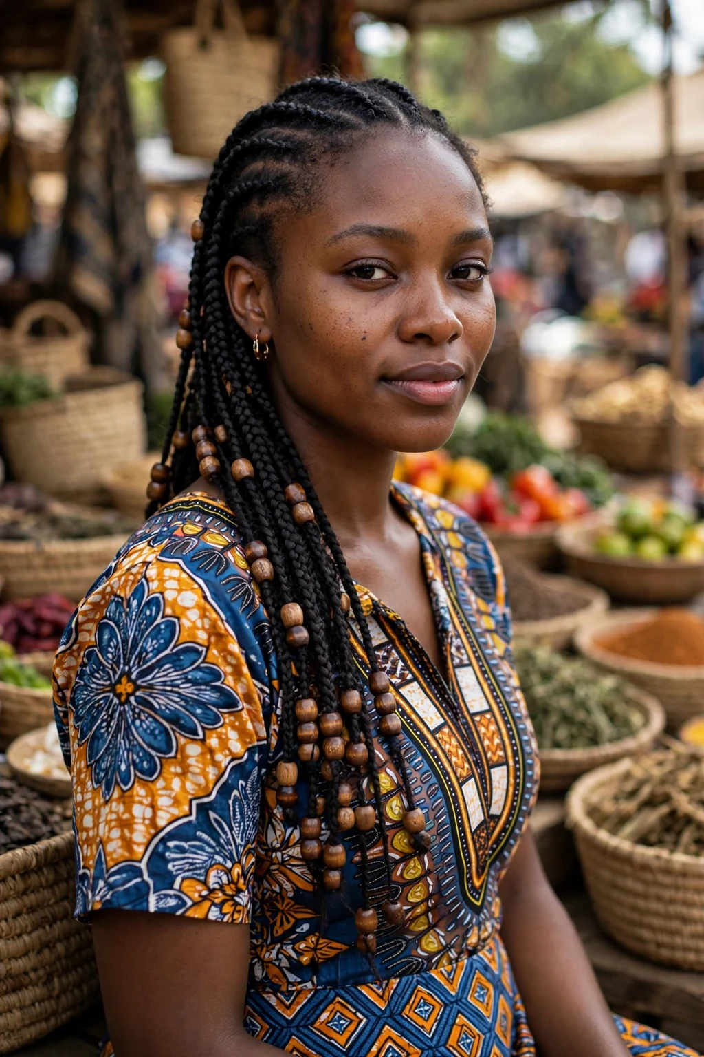 Young woman with knotless braids decorated with wooden beads, at an outdoor market wearing a patterned ankara top.