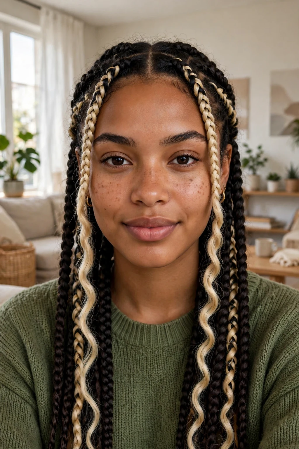 Young woman with knotless braids featuring blonde money pieces framing her face, in a salon-free bright apartment wearing a green knit top.