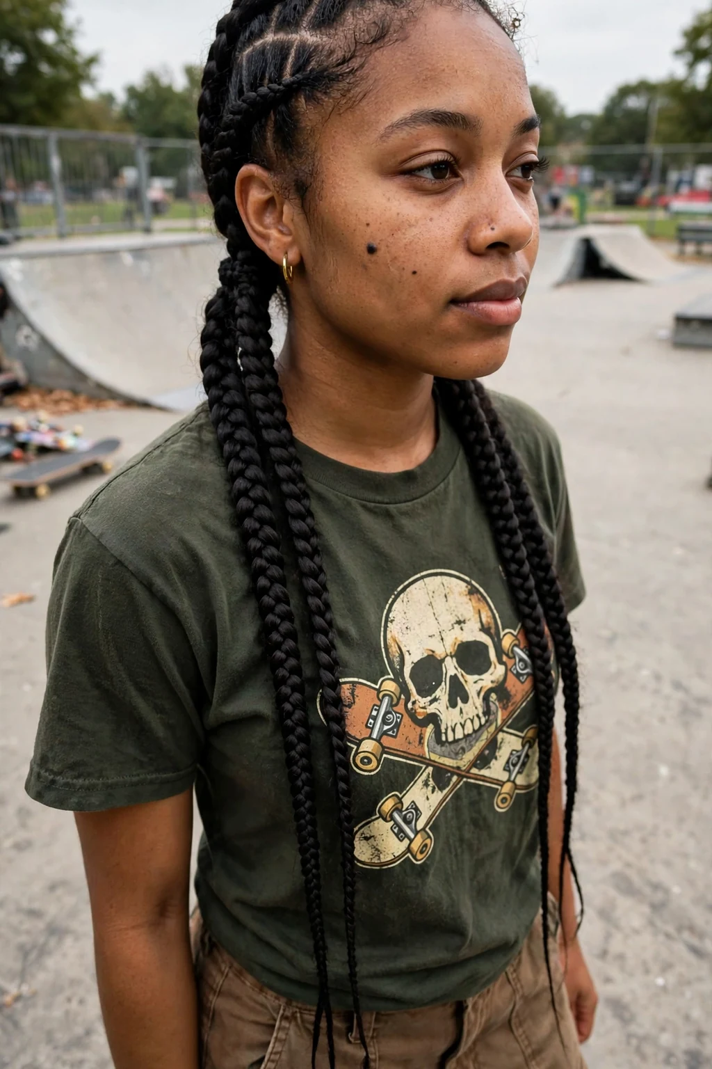 Young Black woman with knotless box braids styled into two braided pigtails, photographed in a skate park wearing a graphic tee and cargo pants.