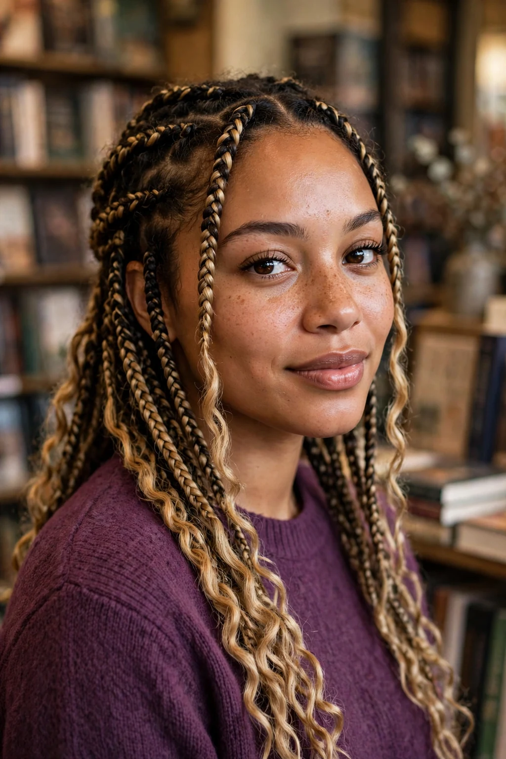 Young woman with knotless braids featuring honey blonde highlights, in a bookstore wearing a plum sweater.