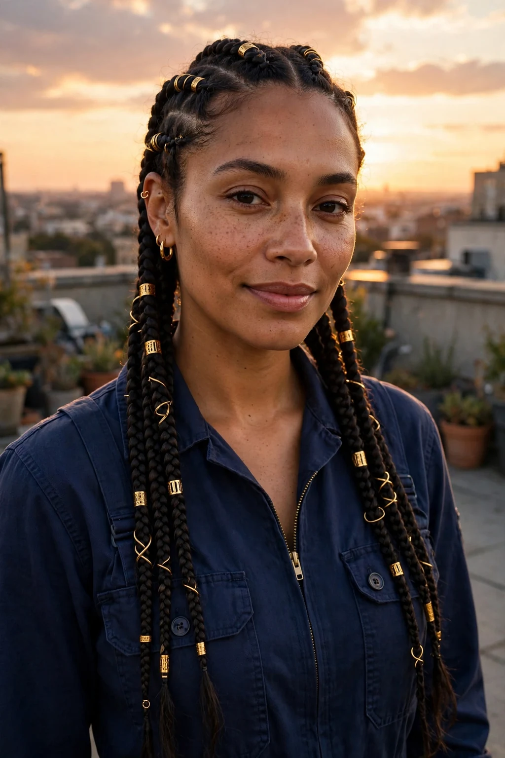 Young woman with knotless braids adorned with gold cuffs and rings, on a rooftop at sunset wearing a navy jumpsuit.