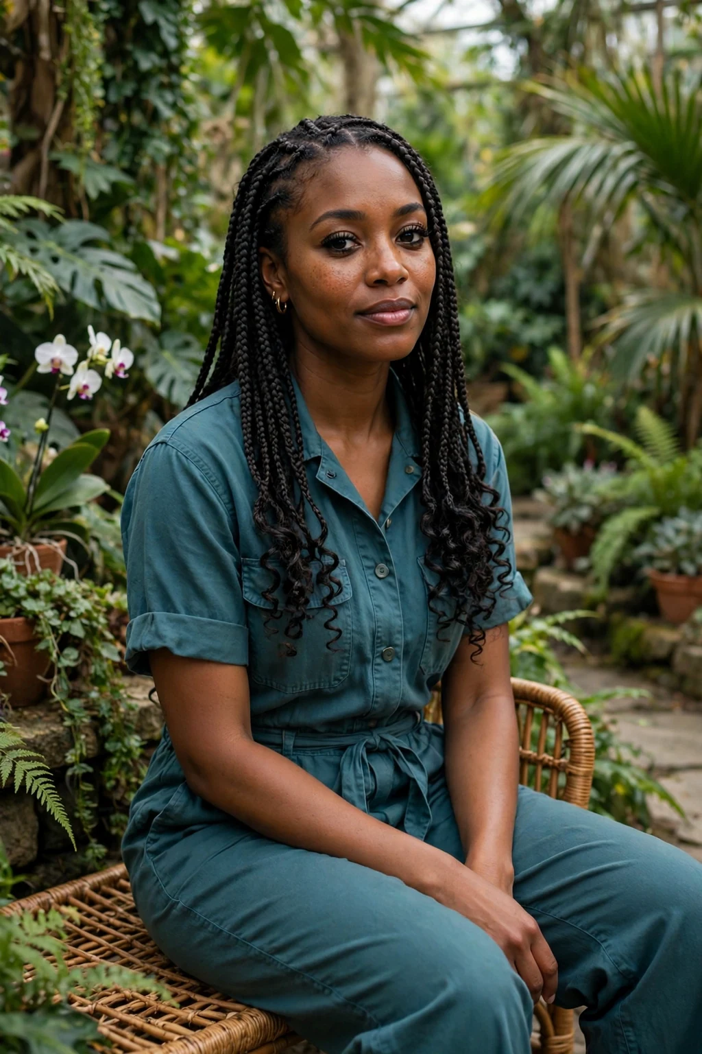 Young woman with knotless box braids ending in loose curls, sitting in a botanical garden wearing a teal jumpsuit.