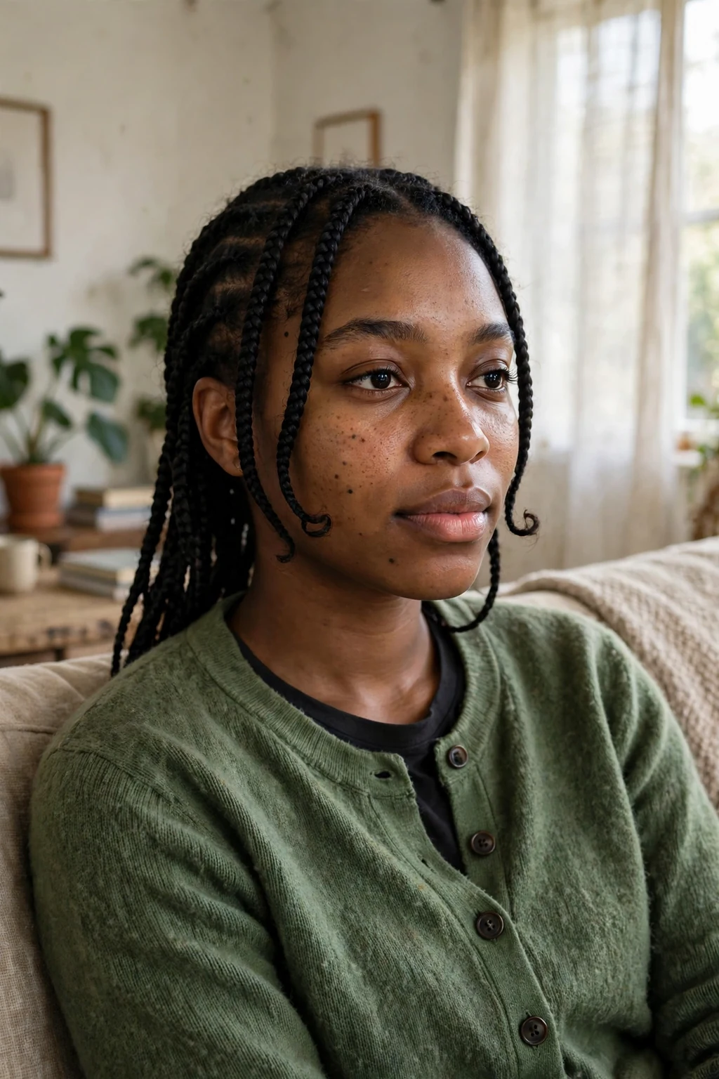 Young Black woman with knotless box braids featuring face-framing layers, photographed in a sunlit living room wearing a green cardigan.