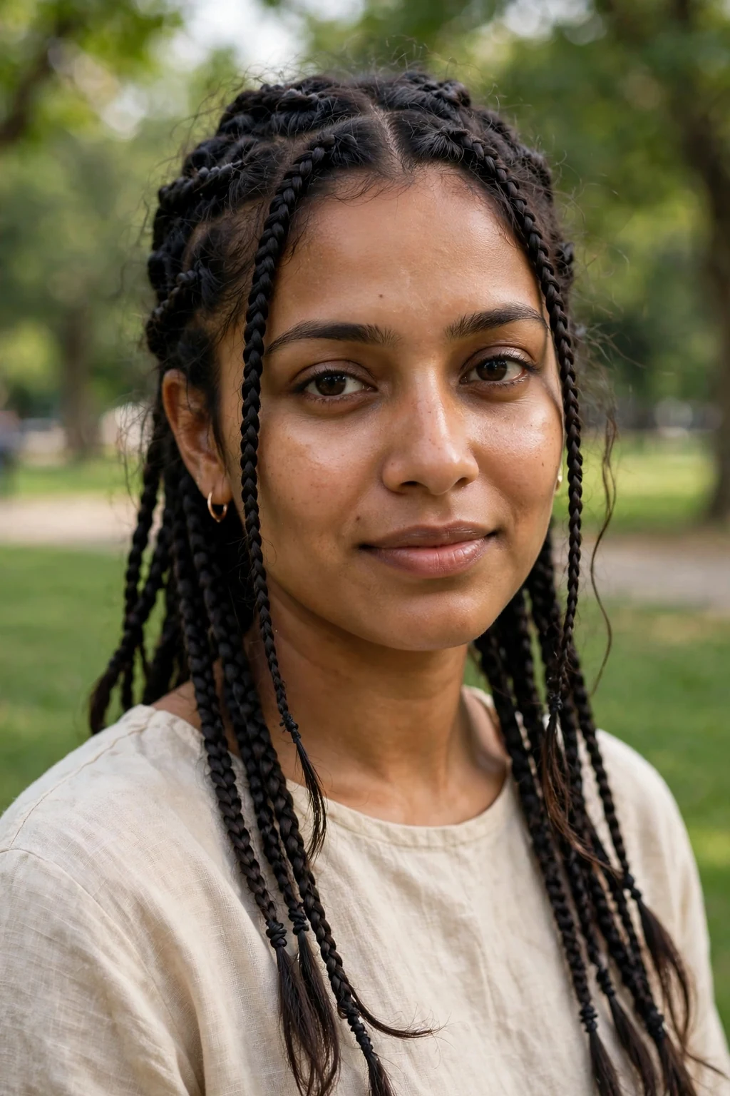 Beautiful woman with knotless braids, natural knotless braids, effortless light.