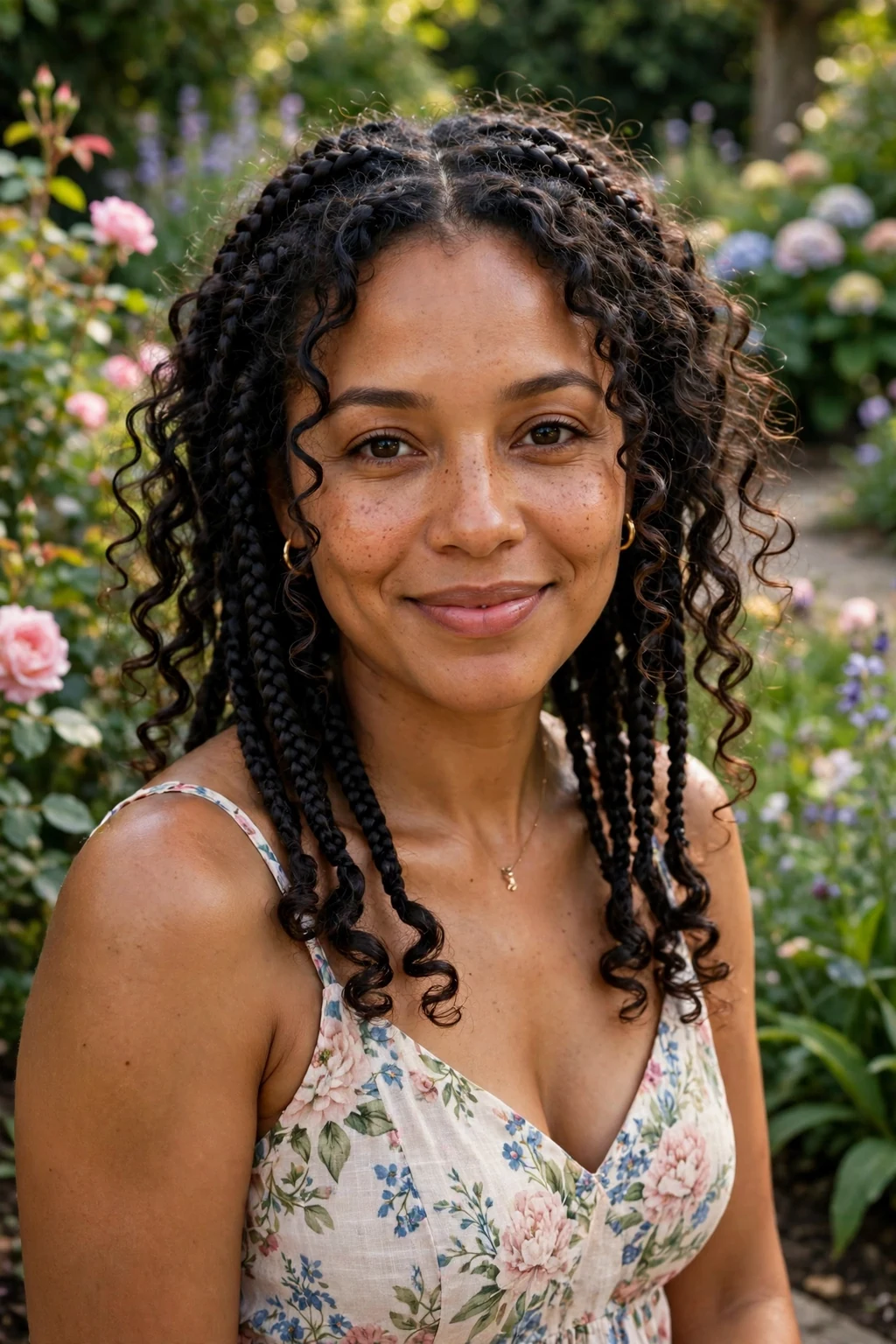 Young woman with goddess knotless braids with loose curls framing her face, in a garden wearing a white floral sundress.