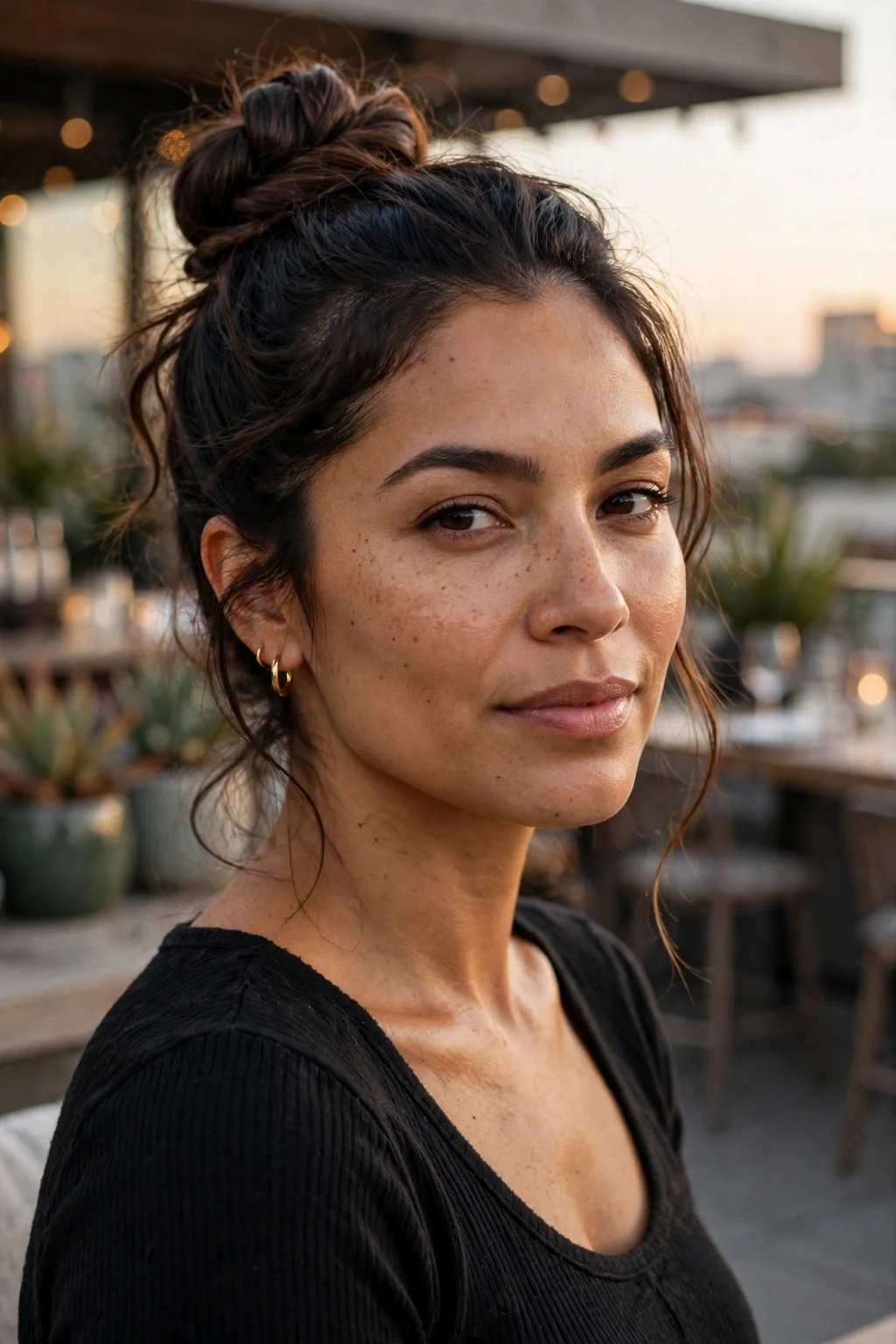 Beautiful woman with knotted updo, modern knotted updo, trendy light.