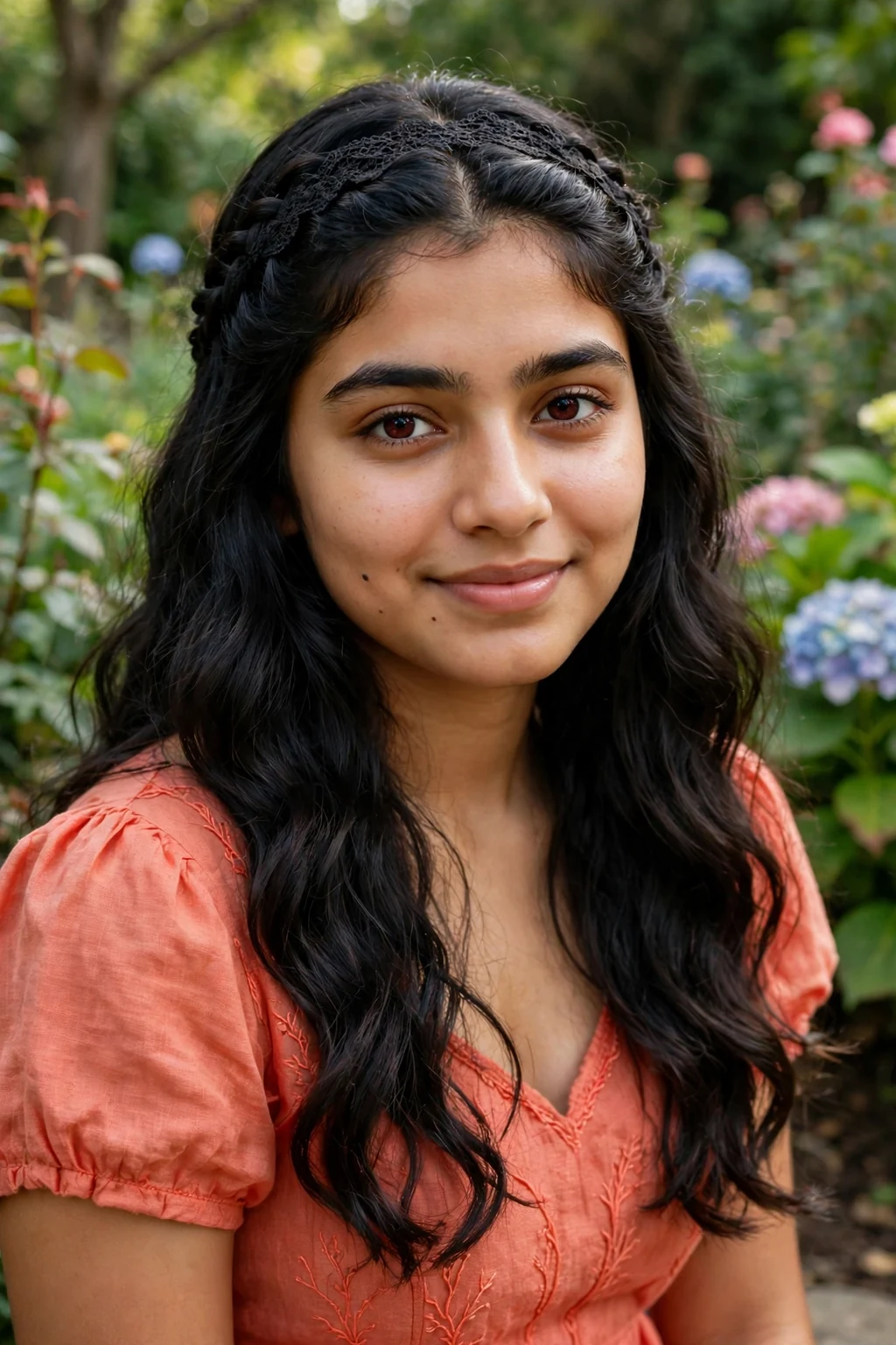 A young woman with a delicate lace braid along her hairline, wearing a coral dress in a garden.