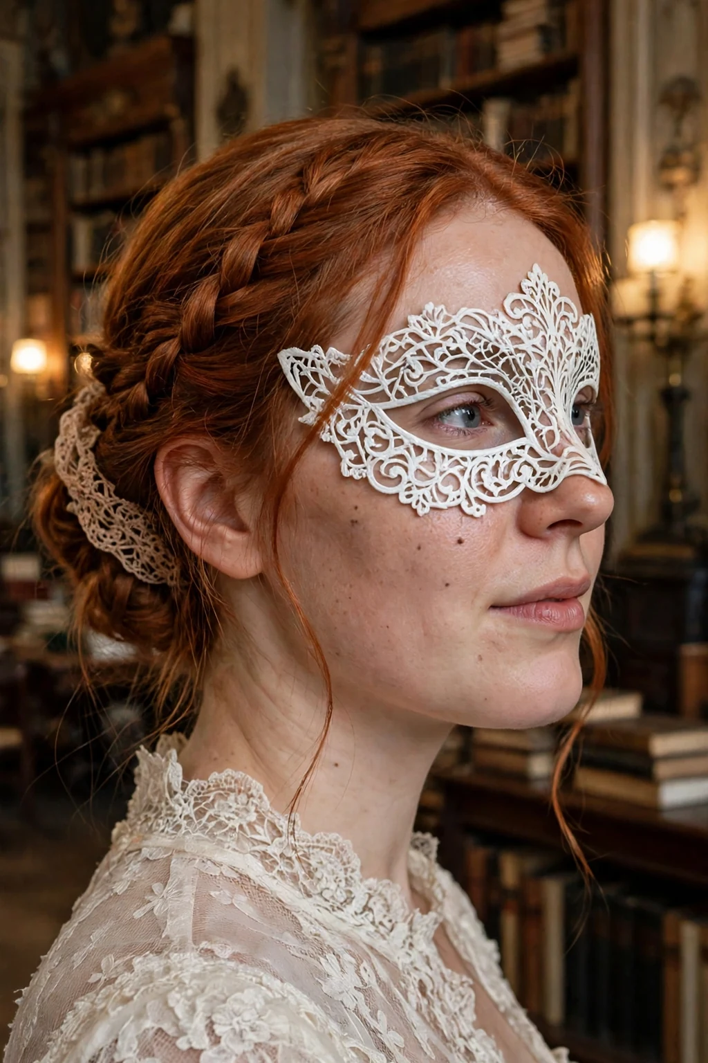 Young woman with a delicate lace braid woven into a soft updo and a white masquerade mask in an old library ballroom.