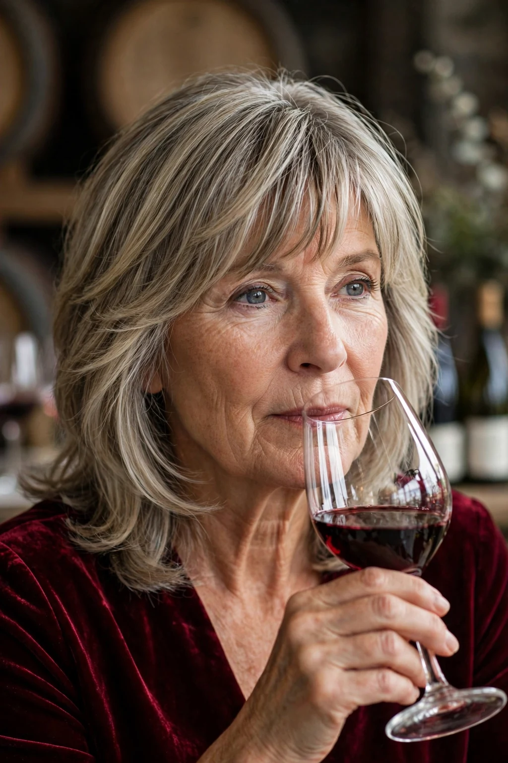 Beautiful older woman with layered bangs, dimensional layered bangs, rich light.