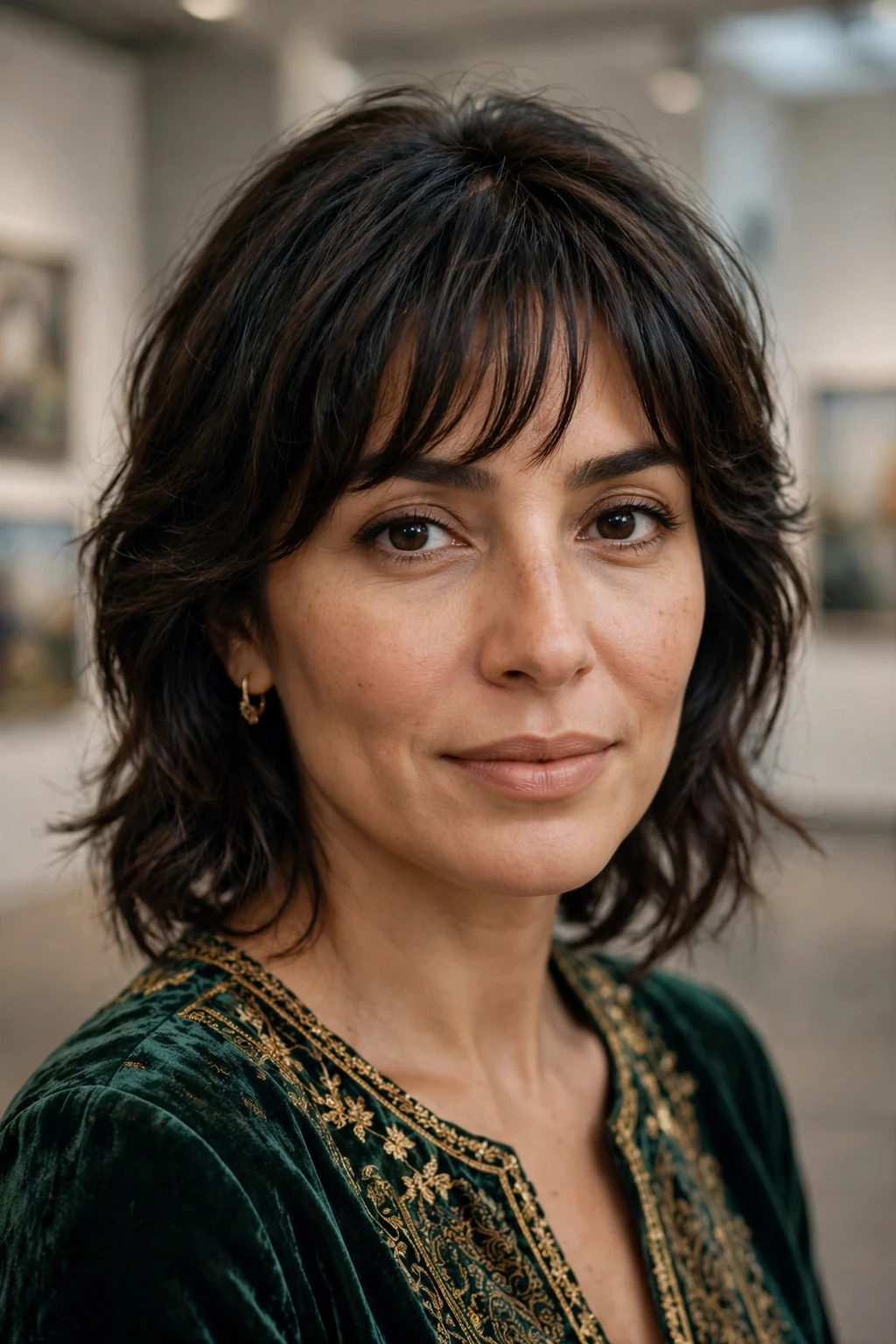 Beautiful woman with layered bangs, dimensional layered bangs, rich light.