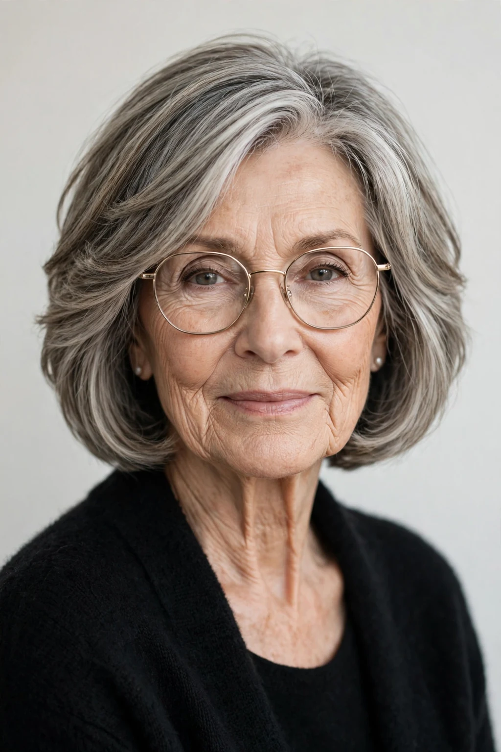 Elegant woman over 70 with glasses and layered bob, soft dimensional layers, gentle light.