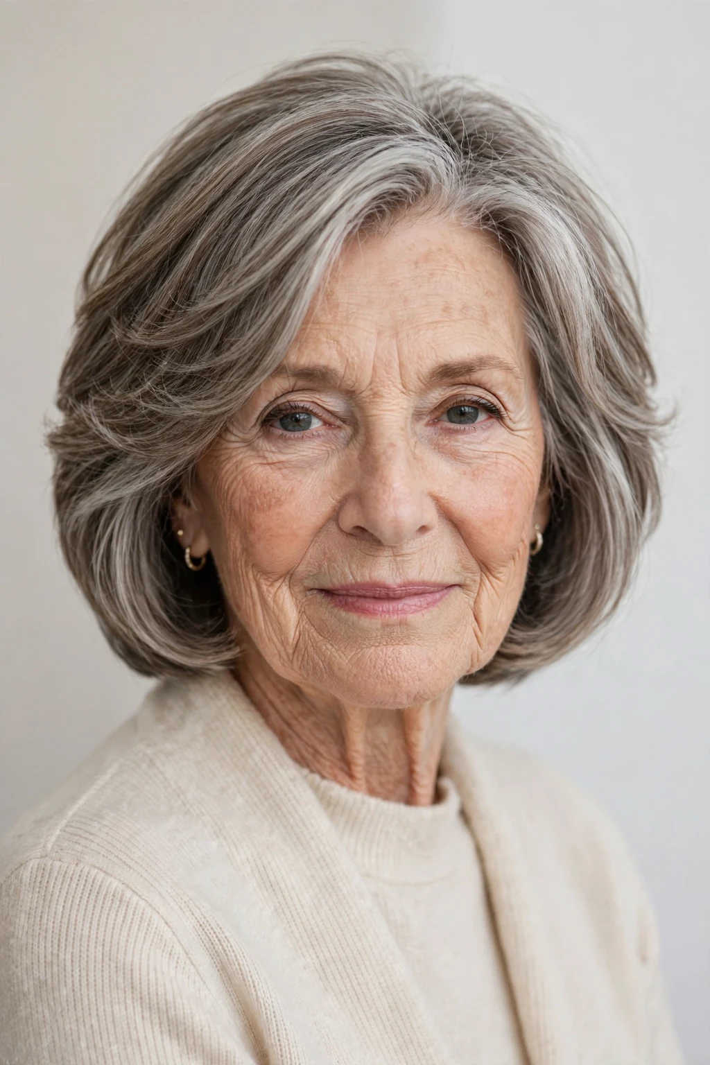 Elegant woman over 70 with layered bob, soft dimensional layers, gentle light.