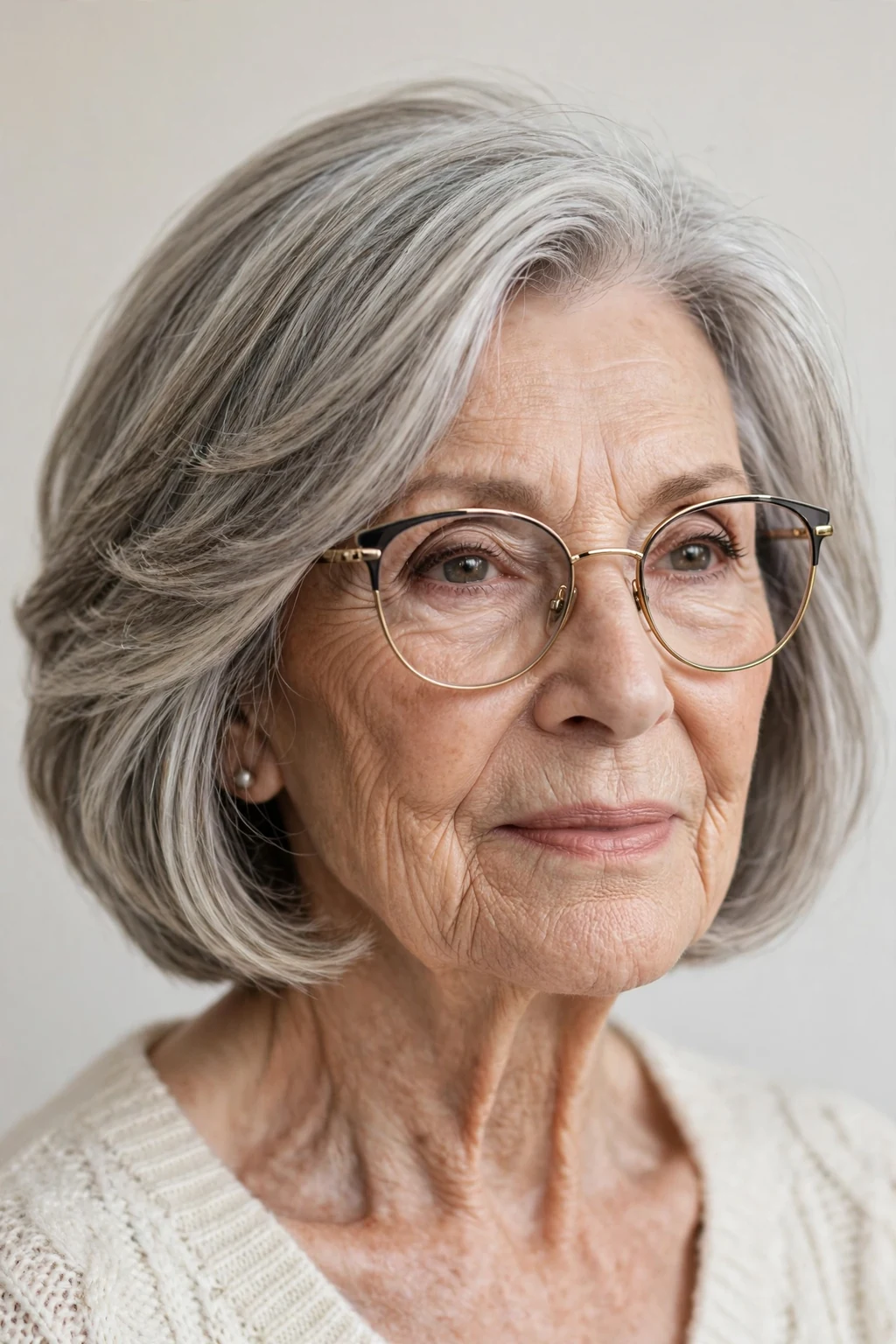 Elegant woman over 80 with glasses and layered bob, soft dimensional layers, gentle light.