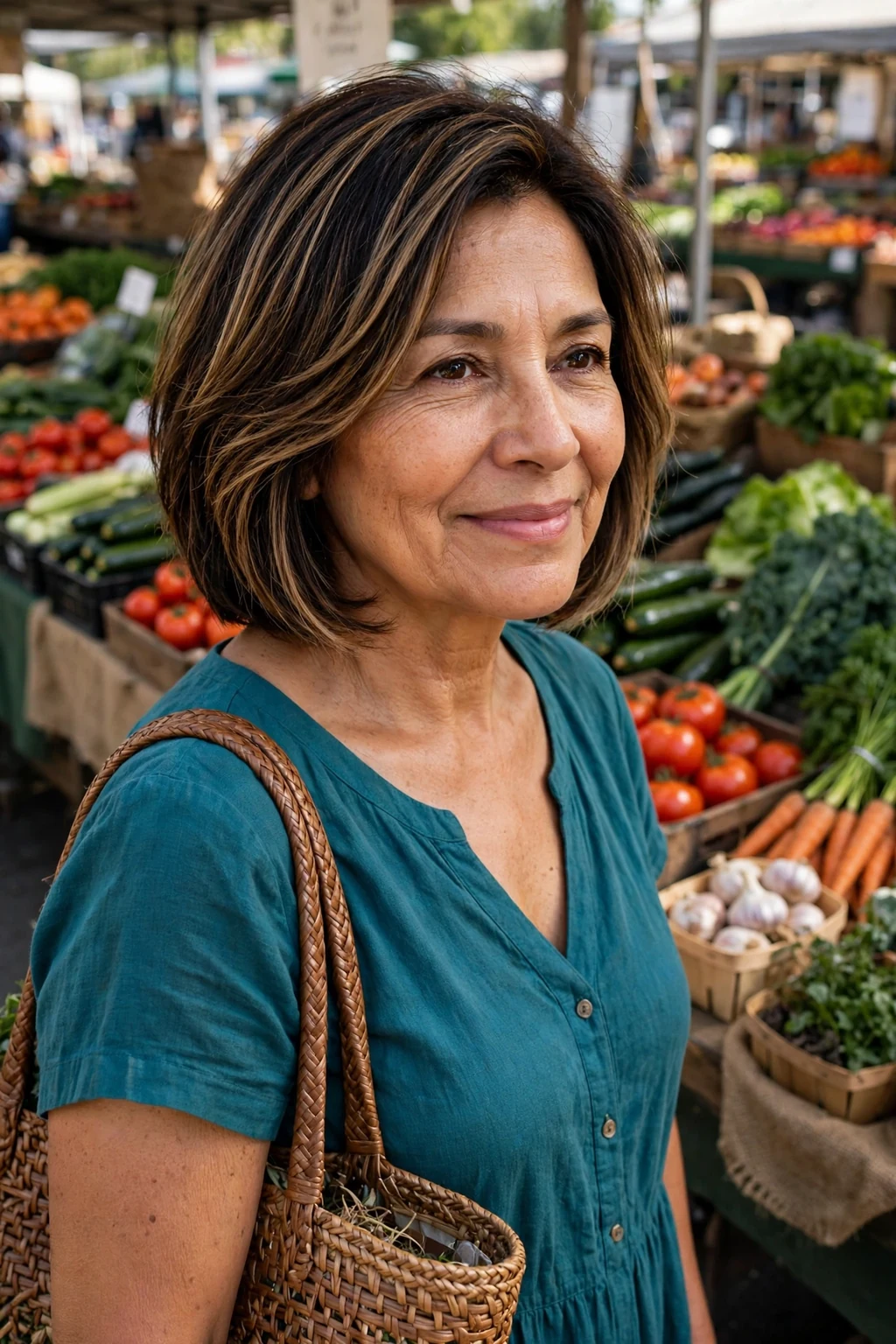 Mature Latina woman around sixty with a layered bob haircut, wearing a teal dress at a farmers market.