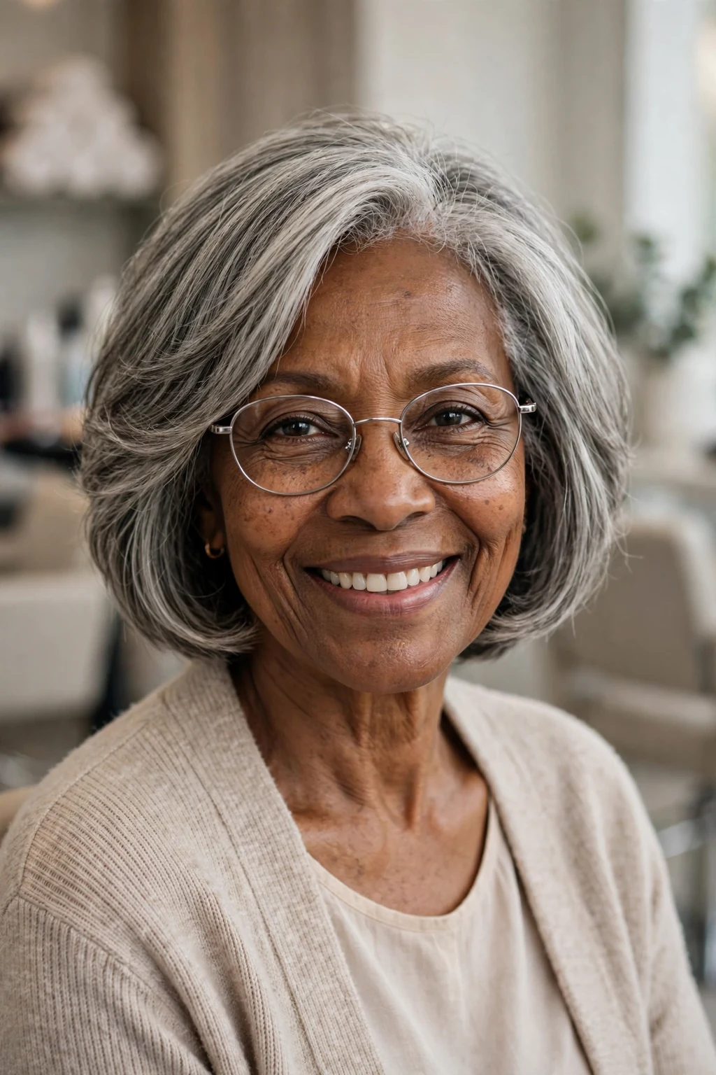 Elegant woman over 50 with fine hair and glasses and layered bob, soft dimensional layers, gentle light.
