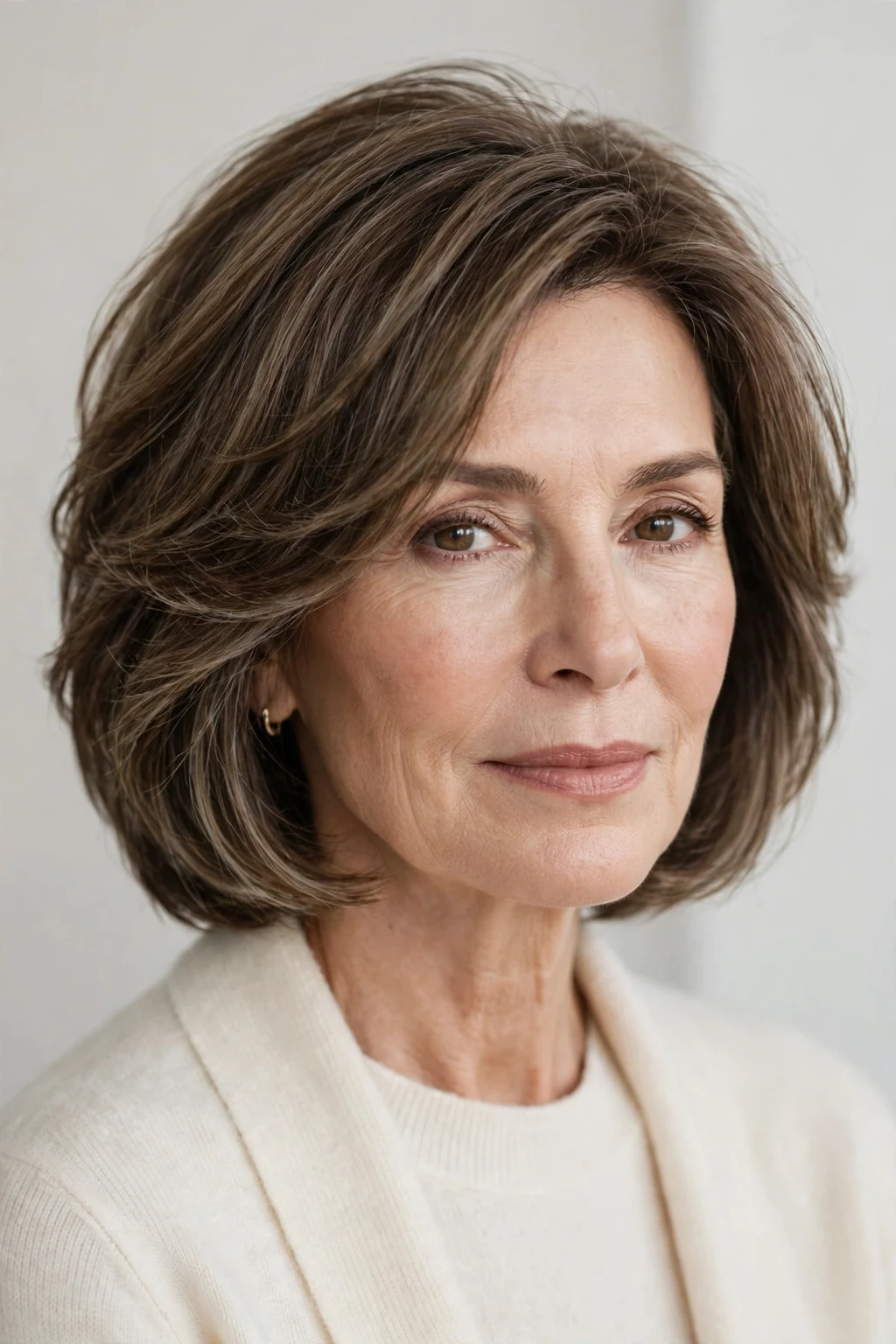 Elegant woman over 50 with layered bob, soft dimensional layers, gentle light.