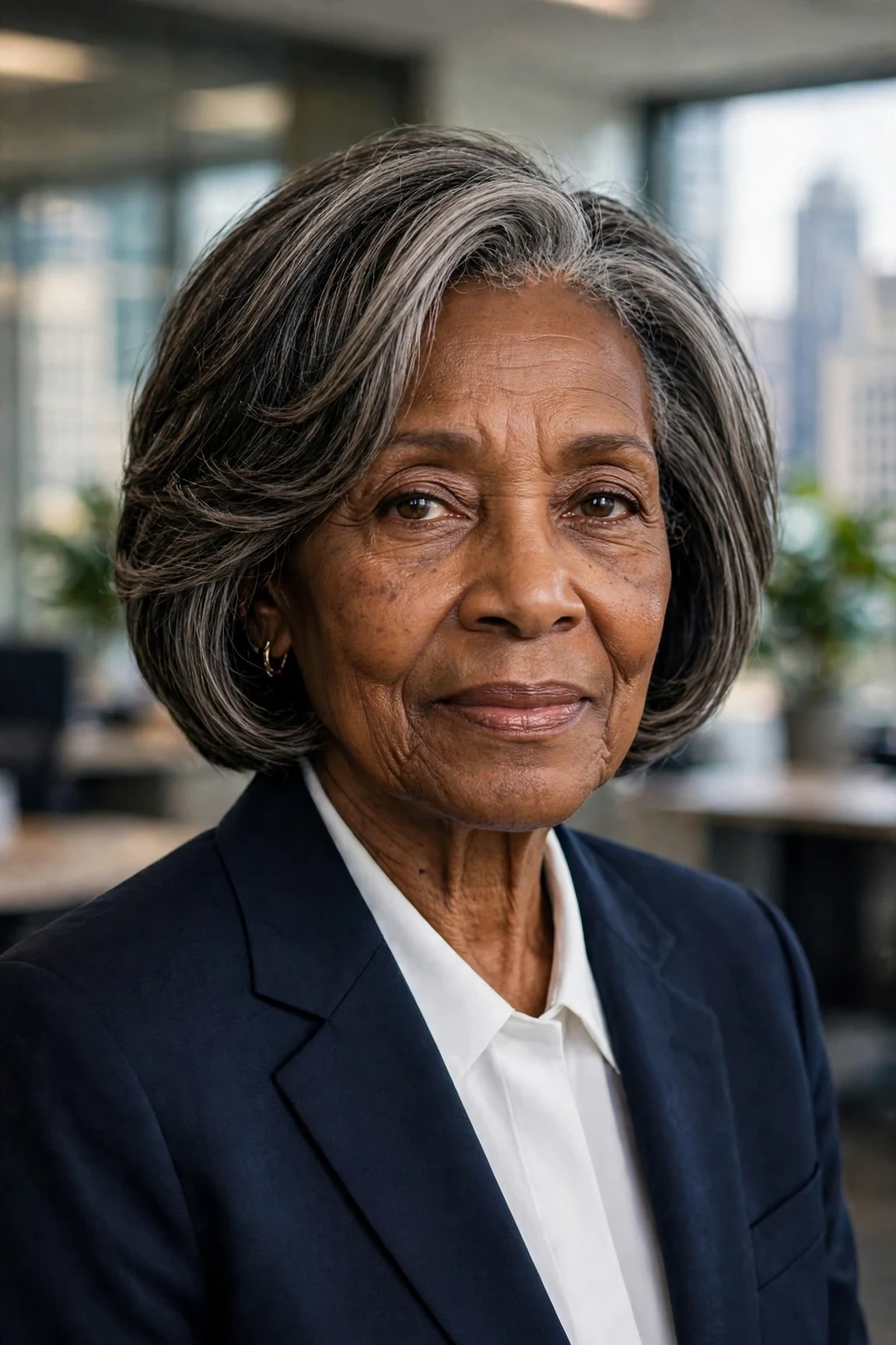 Beautiful older woman with layered bob, chic layered bob, polished light.