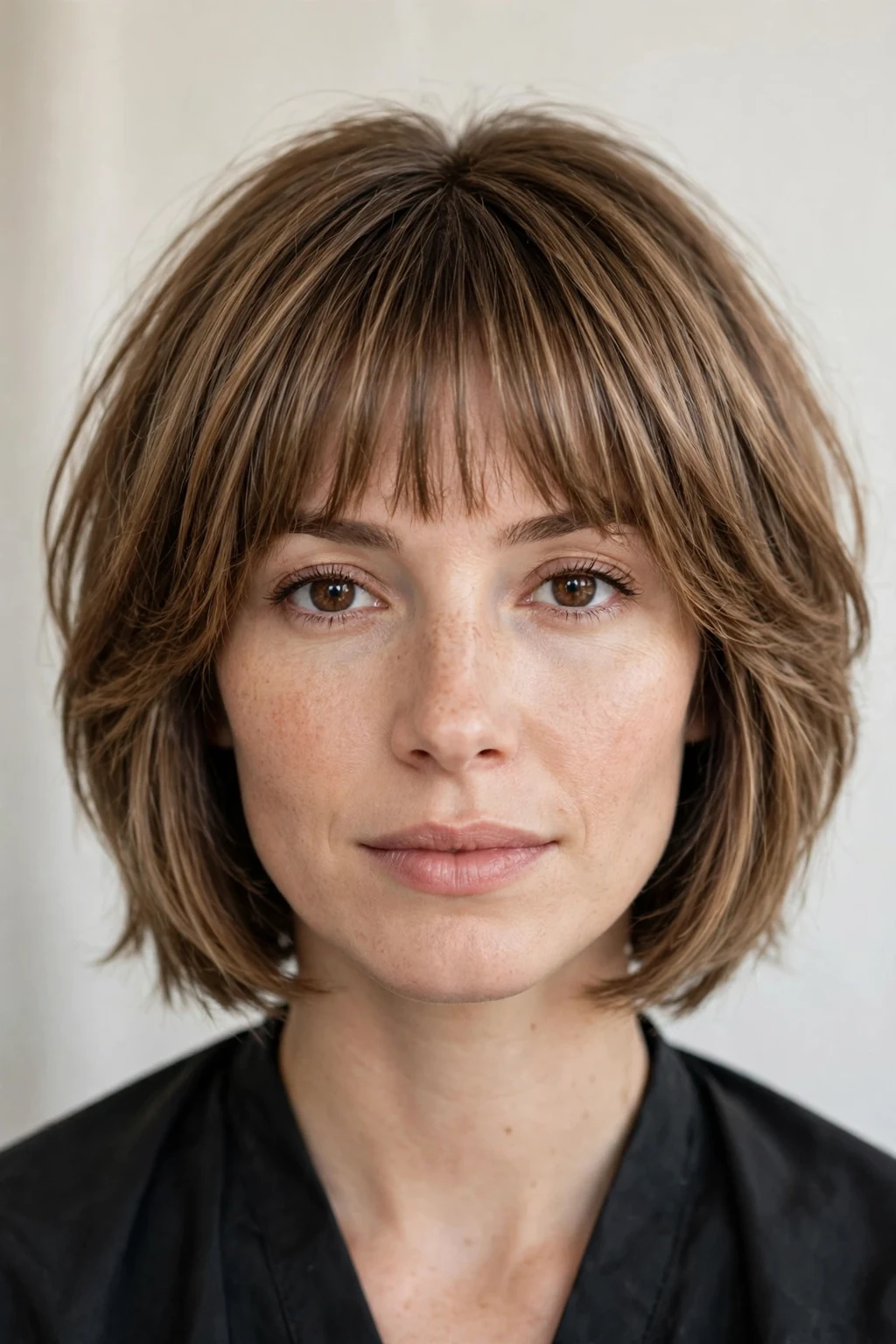 Woman with layered bob and bangs, soft stacked layers with fringe, flattering light.