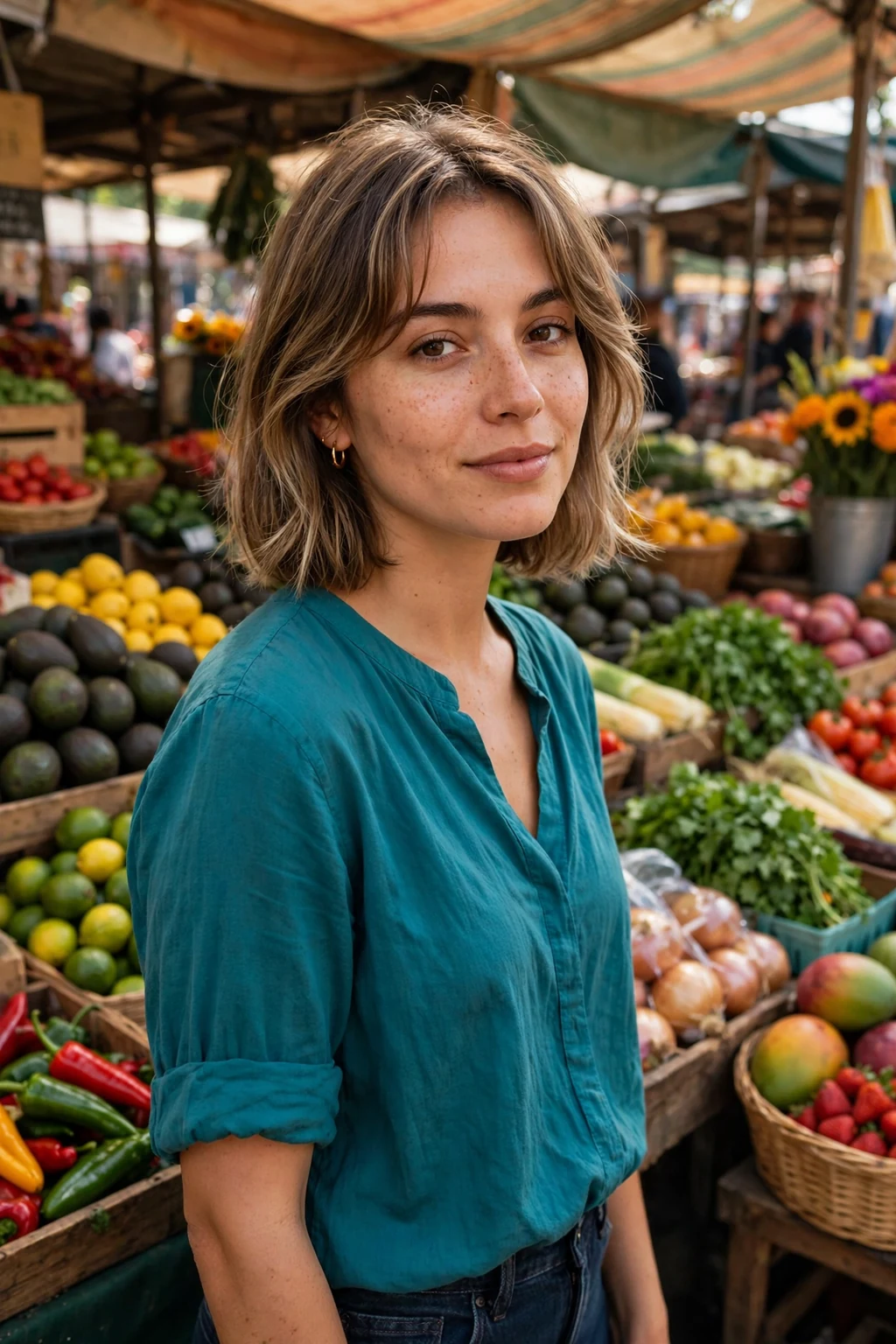 Young woman with a layered bob featuring soft face-framing pieces that add volume around the cheeks.