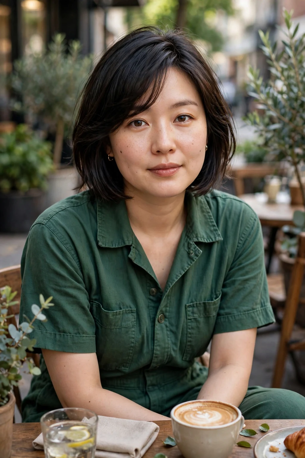 Young woman with a round face wearing a layered bob with a side-swept front.