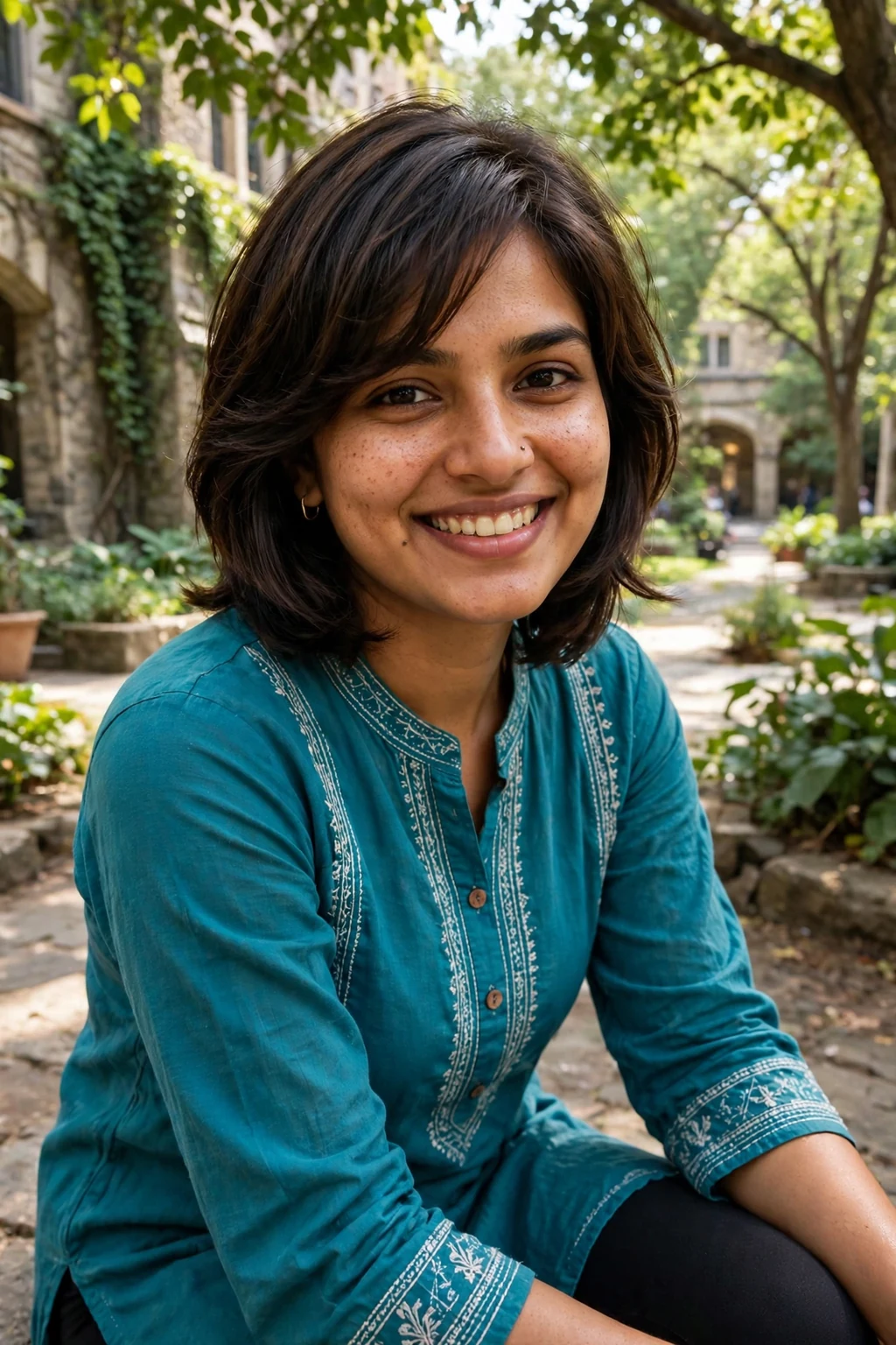 Young woman with a layered bob with side-swept bangs hairstyle, bouncy and dimensional.