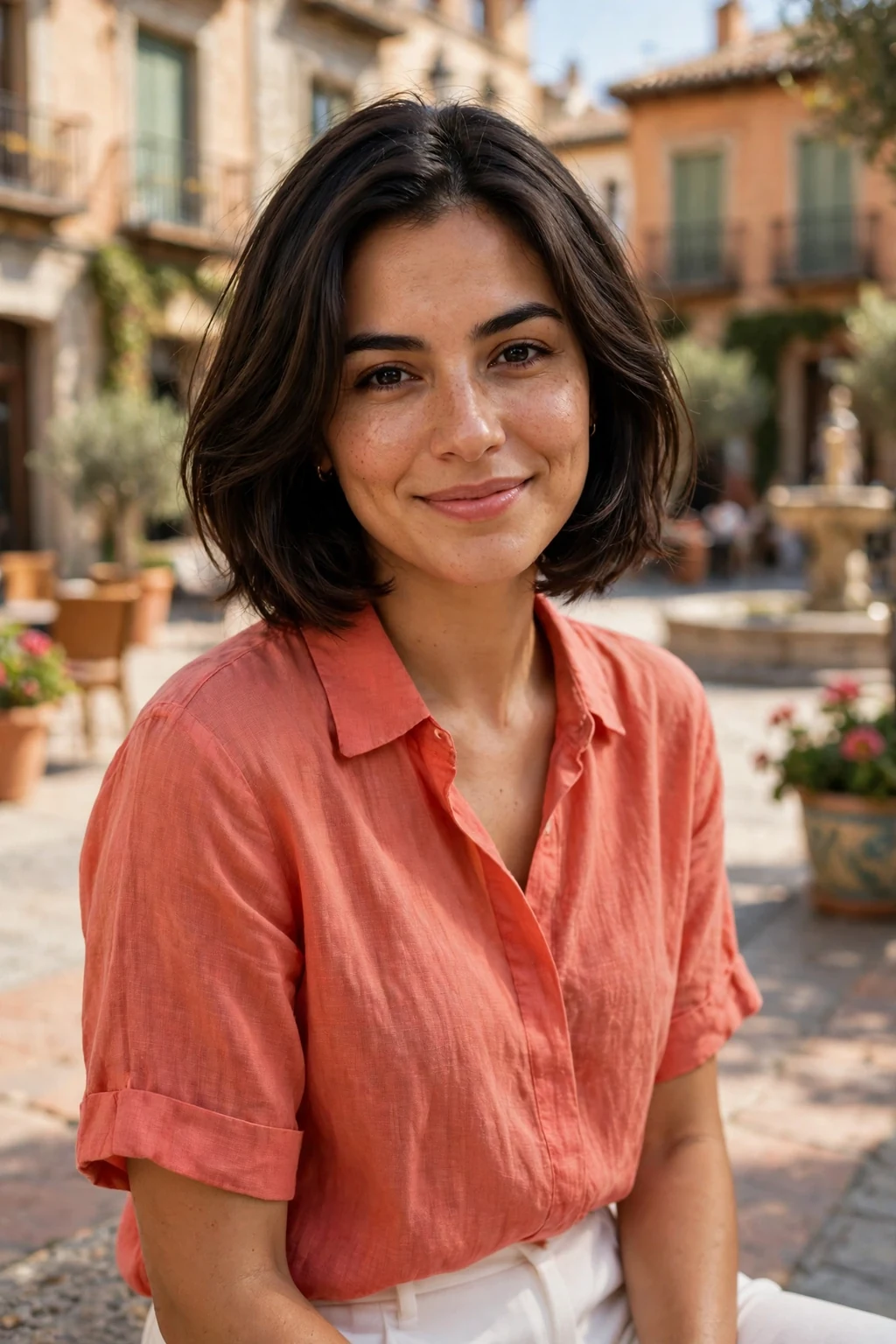 Young Spanish woman with a layered bob in a sunlit plaza wearing a coral blouse.