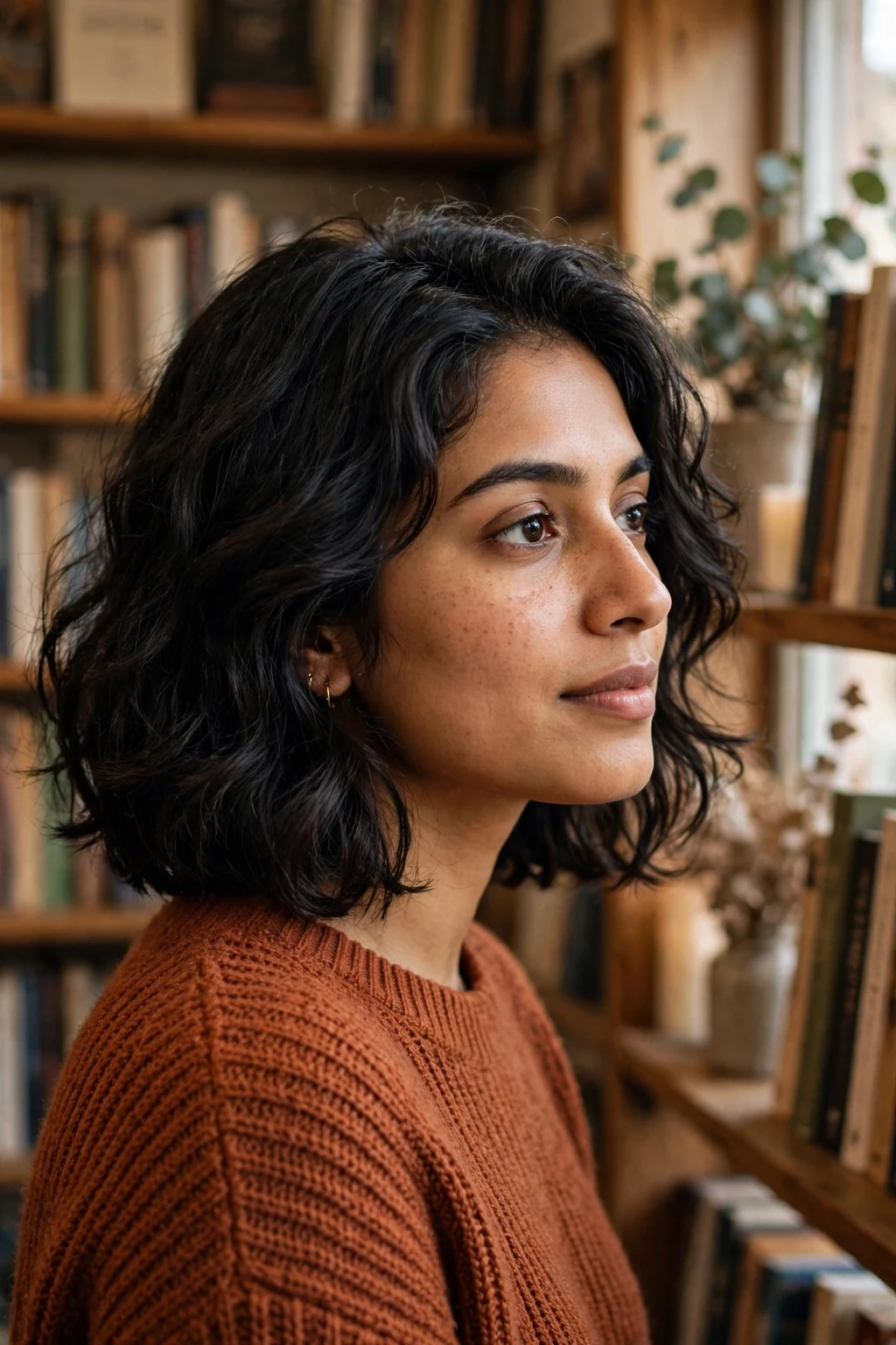 A young woman with a layered chin-length bob, wearing a rust sweater in a cozy bookshop.