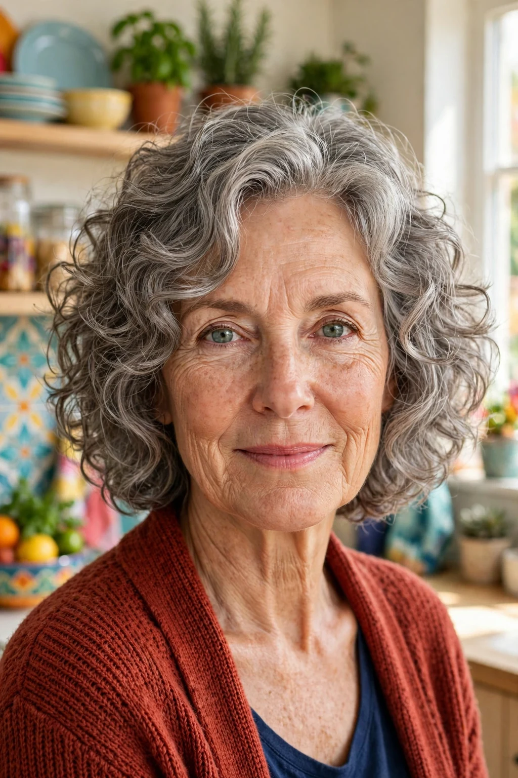 A woman in her late 60s with a layered curly bob in soft gray curls, standing in a colorful kitchen.