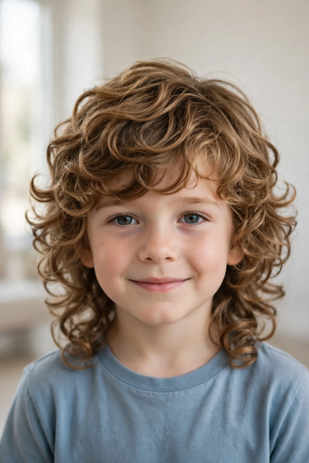 Boy with layered curly cut, soft cascading curl layers, gentle flowing natural light.