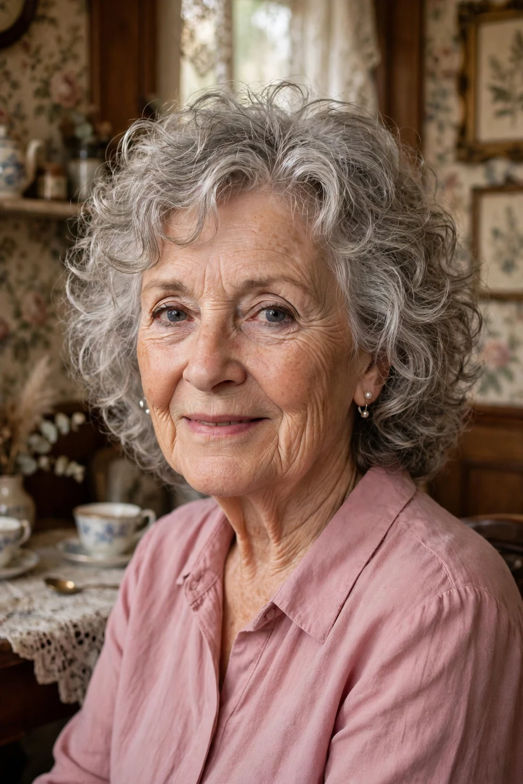 A delicate Welsh woman in her 70s with a layered curly cut for fine hair, wearing a dusty pink blouse, in a tea room.