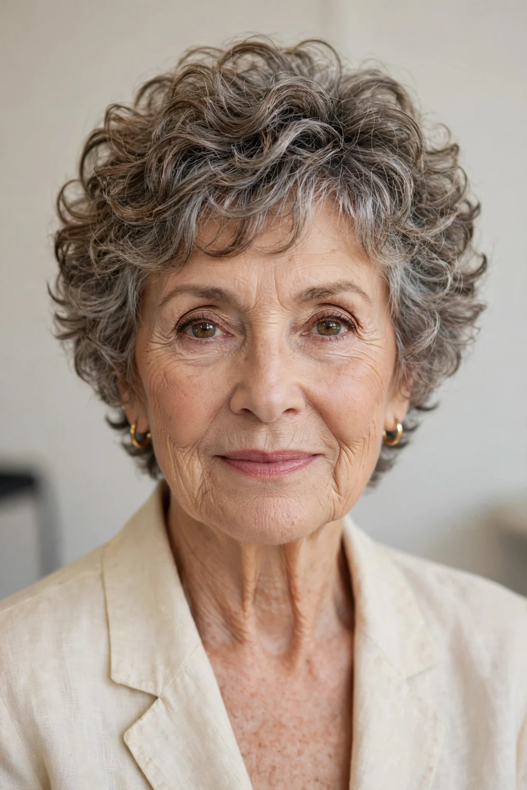 Elegant woman over 60 with layered curly pixie, dimensional textured curls, natural light.