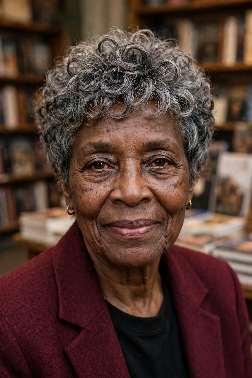A confident Black woman in her 70s with a layered curly pixie cut, wearing a burgundy blazer, at a city bookshop.